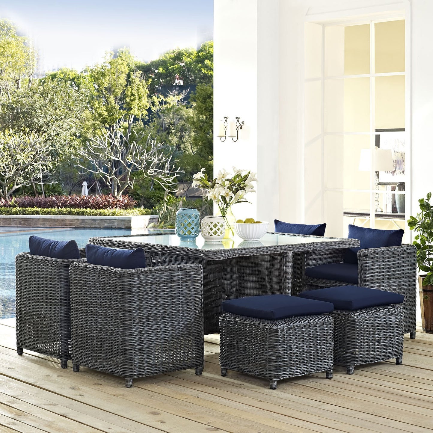 Patio Furniture Sets | Summon Outdoor Patio Furniture Dining Set | 9 Piece | Sunbrella Fabric | Synthetic Rattan | Aluminum Frame | Navy | casafoyer.myshopify.com