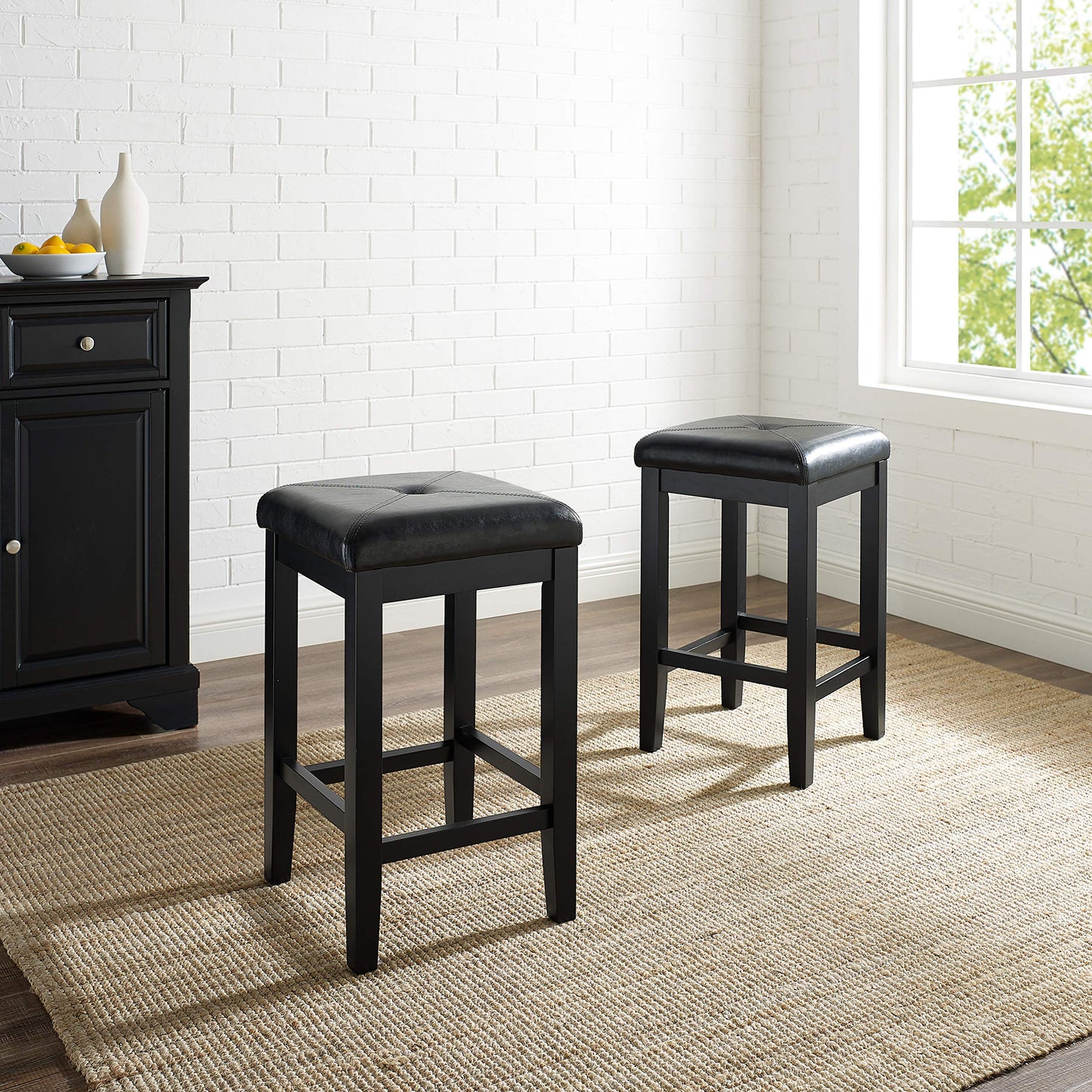 Dining Table | Upholstered Square Seat Stool | Solid Hardwood Construction | Simulated Black Leather | 24 Height | Ideal for Dining or Counter Seating | casafoyer.myshopify.com