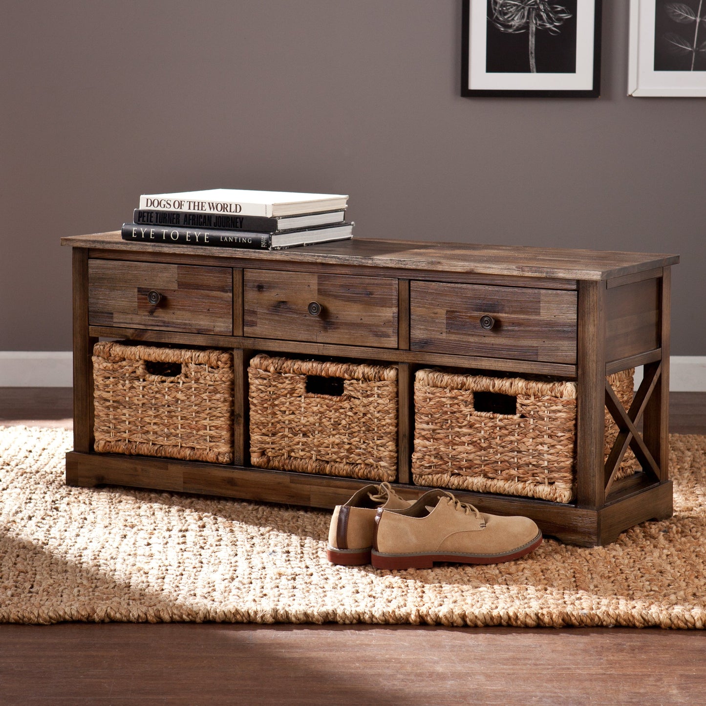 Bench | Coastal-Inspired Storage Bench | Casual Elegance | Reclaimed Appearance | Water Hyacinth Baskets | Versatile Storage for Shoes, Linens, Towels, and More | casafoyer.myshopify.com