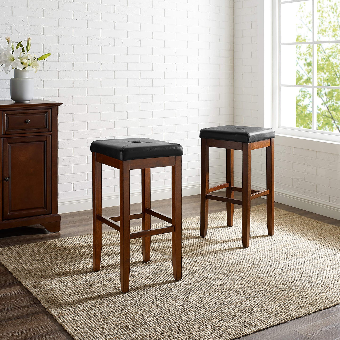 STOOL_SEATING | Upholstered Square Seat Stool | Solid Hardwood Construction | Simulated Brown Leather | 29 Seat Height | Ideal for 42 Bar or Pub Tables | Versatile & Chic | casafoyer.myshopify.com