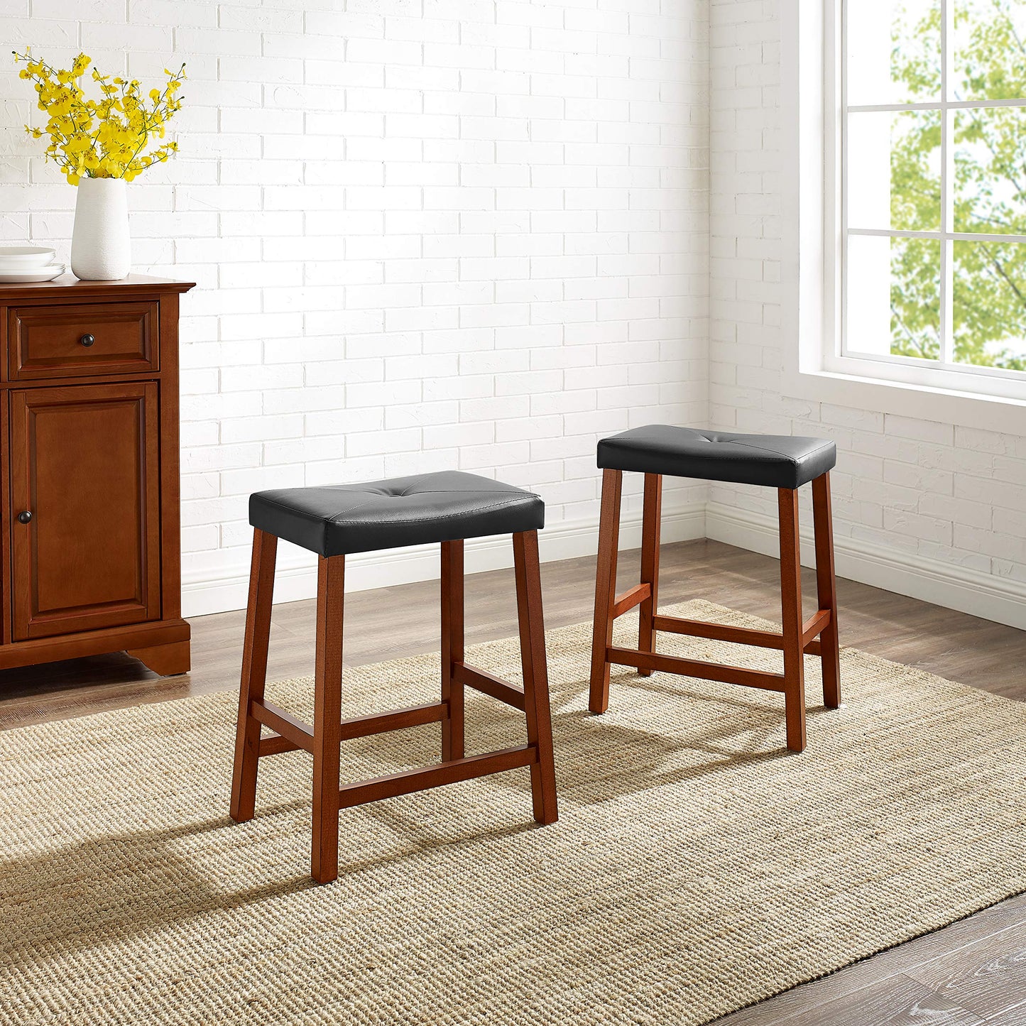 Dining Table | Upholstered Saddle Seat Stool | Solid Hardwood Construction | Faux Leather PVC Upholstery | 24 Height | Versatile & Stylish Seating | casafoyer.myshopify.com