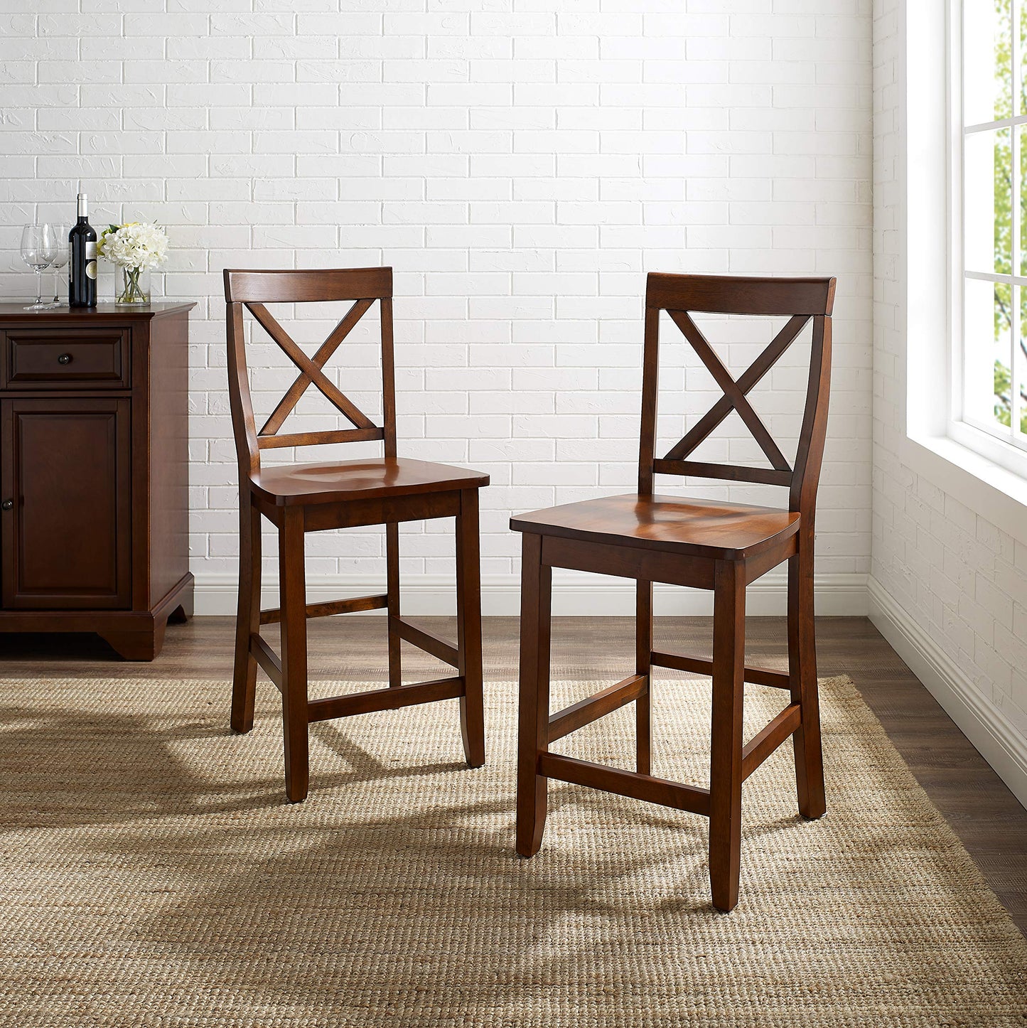 STOOL_SEATING | Durable Hardwood | X-Back Design | Comfortable Contoured Seats | Vintage Mahogany Finish | Set of 2 | 24 Seat Height | casafoyer.myshopify.com