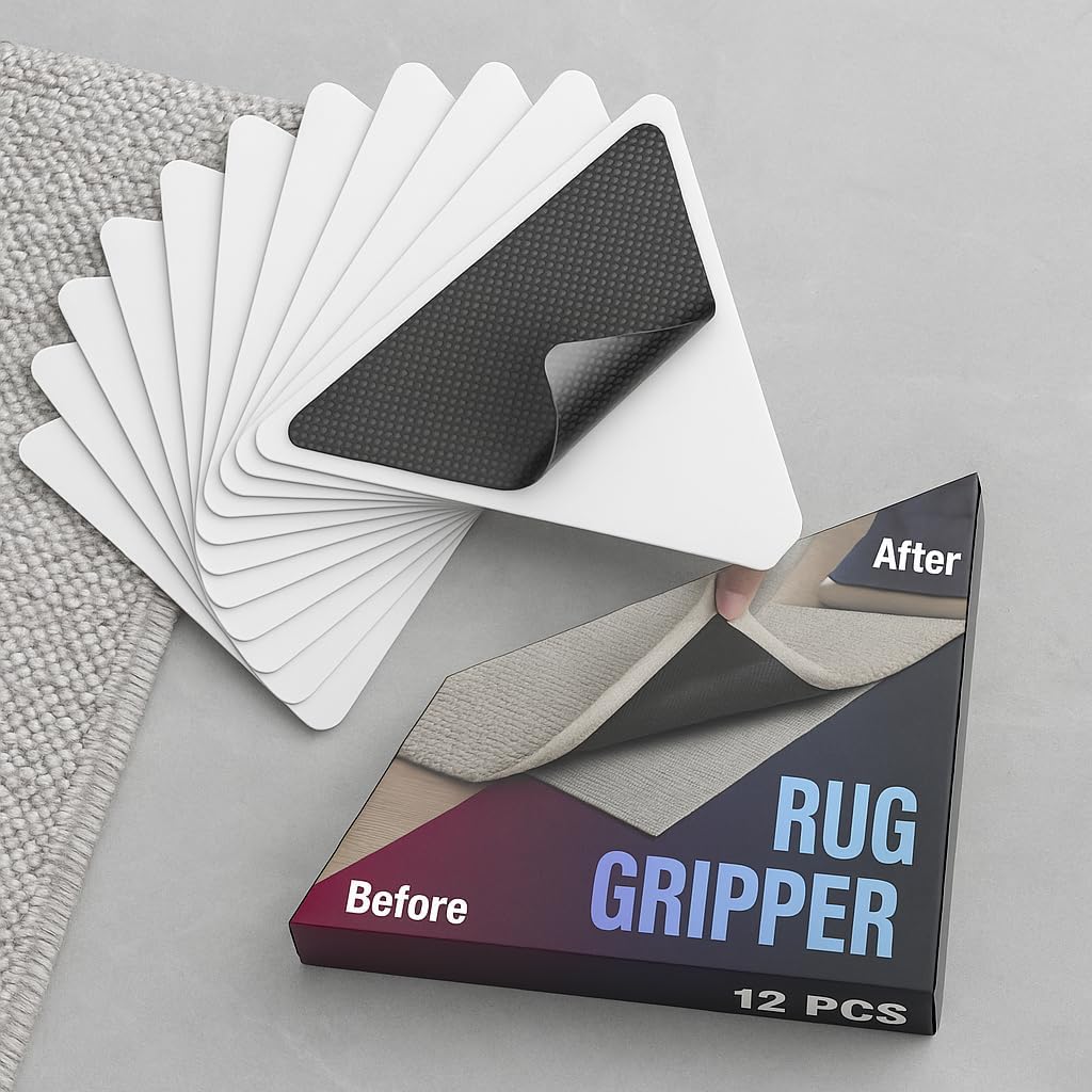 CASAFOYER 12 Pcs Non Slip Rug Gripper/Rug Tape for Hardwood Floors – Stops Sliding & Curling | Double Sided Carpet Tape, Triangular Rug Pads | Floor Safe & Reusable Rug Anchors