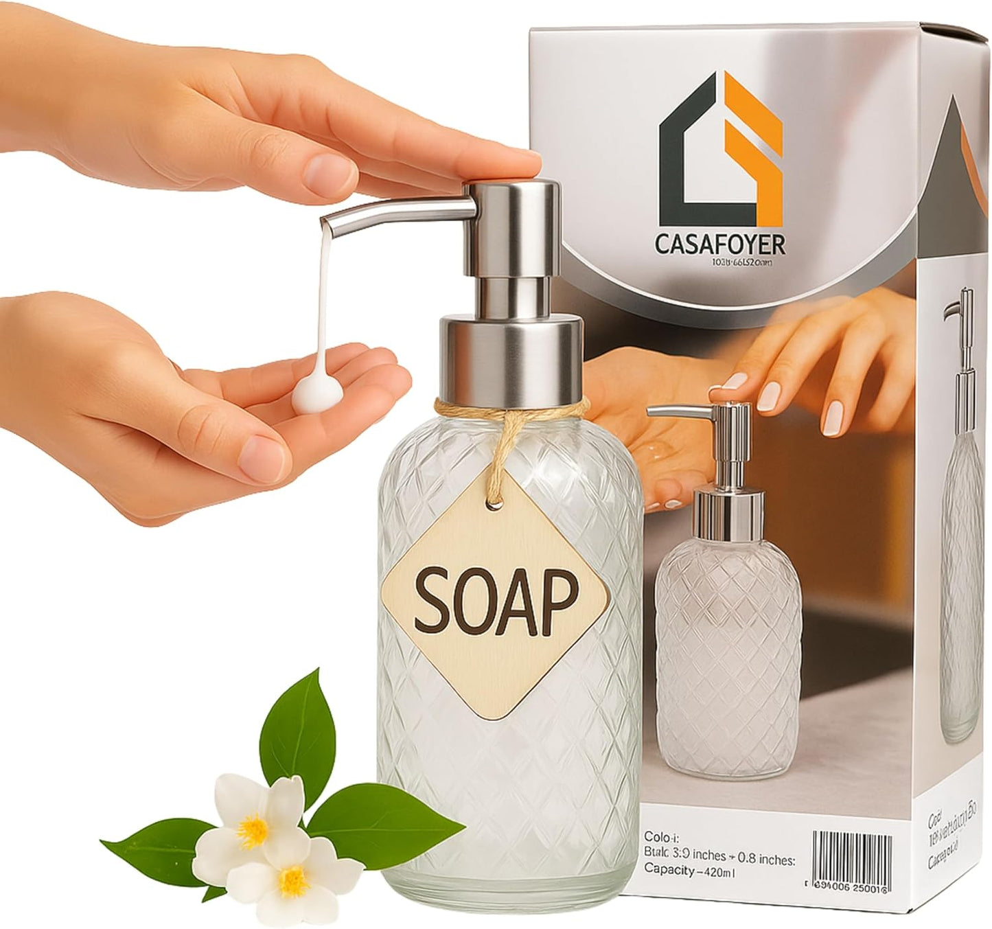CASAFOYER Glass Soap Dispenser (15 Oz) | Refillable Dishwash Liquid Dispenser for Kitchen | Shampoo & Bodywash Bottle | Rustproof Plastic Pump | Easy Soap Visibility | Dishwasher Safe Cleaning(White)