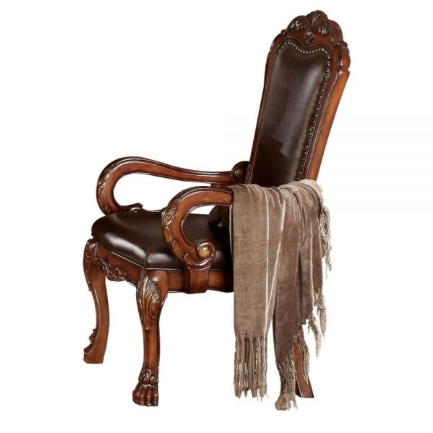 CasaFoyer KD Arm Chair (High Back) | Padded Seat & Back | Vintage 2-Tone Brown | Nail-Head Trim | Wooden Frame | Scalloped Apron Seat | Curved Armrests | Antique Hand Brush Finish