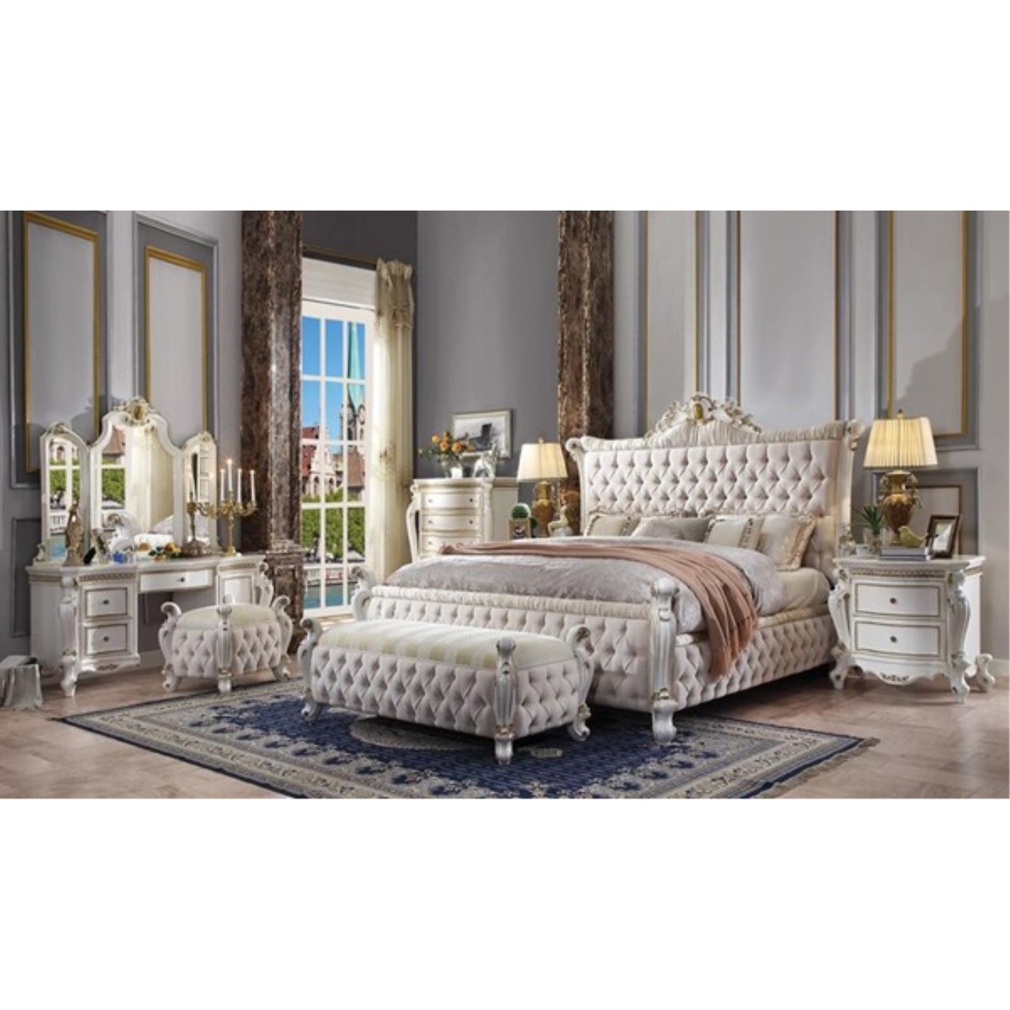 CasaFoyer Antique Pearl Vanity Desk with 3 Drawers, 1 Door, Adjustable Wooden Shelf, Smooth Glide Ball Bearing Drawers, Felt-Lined, Bow-Front Design