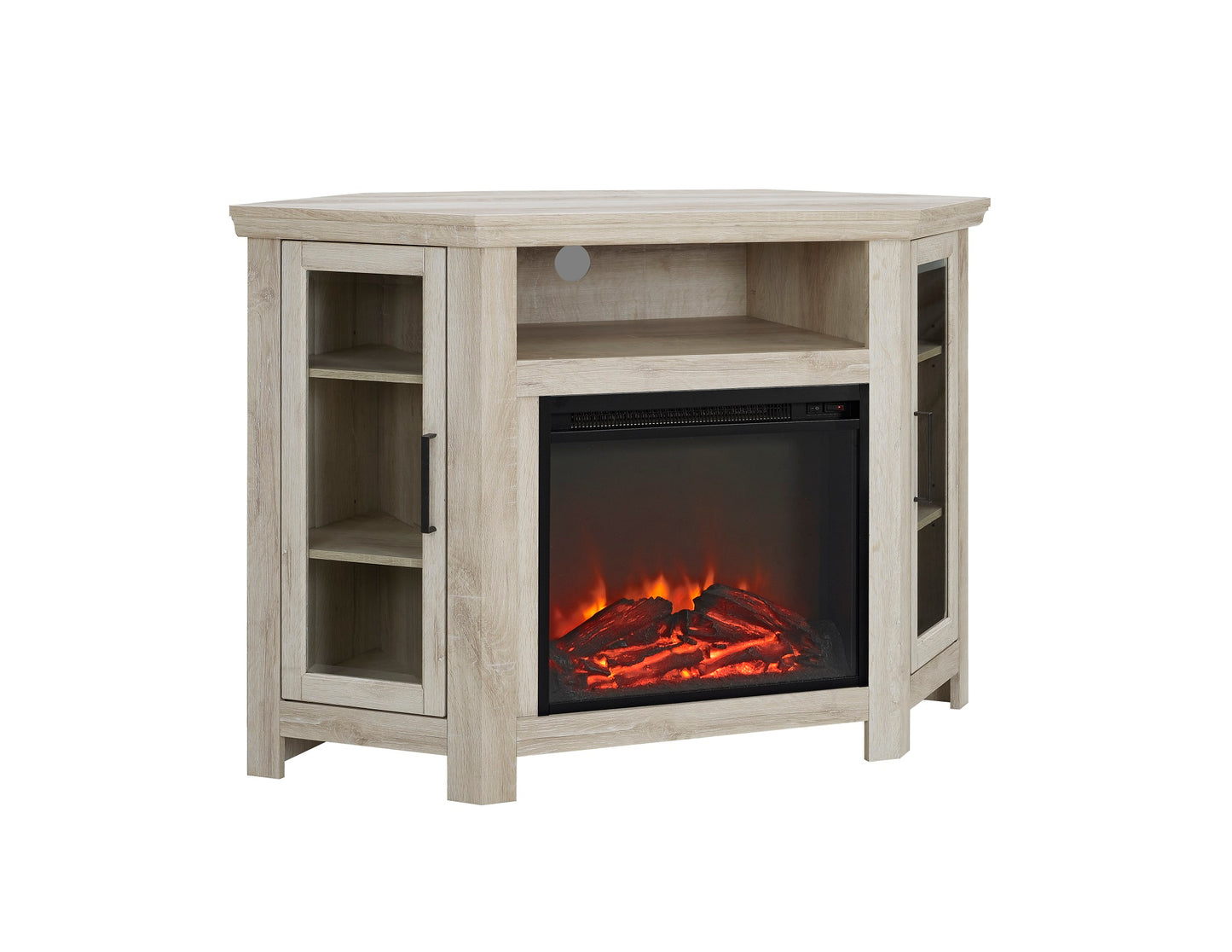 CasaFoyer 48" Wood Corner Fireplace Media TV Stand Console - White Oak | Save Space, Cozy Atmosphere, Holds up to 50" TV, Tempered Glass Doors, Cable Management