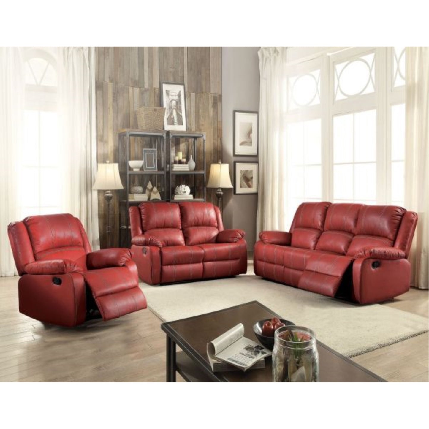 CasaFoyer KD Back Motion Reclining Sofa with Pocket Coil Construction - Red PU Upholstery, Tight Pillow Top Arm Design, 5-inch Wall Clearance - Comfortable and Convenient