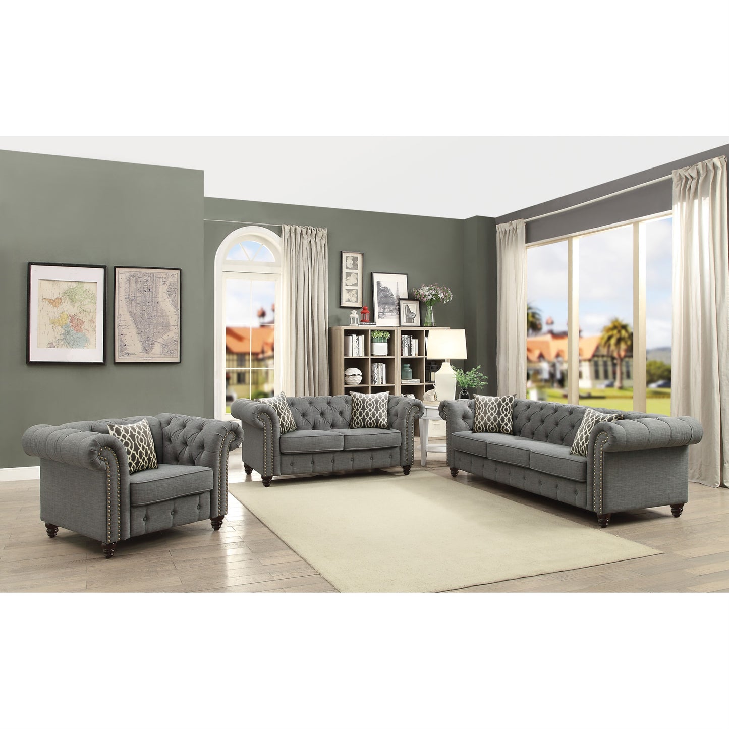 CasaFoyer Sophisticated Gray Linen KD Sofa with 2 Pillows - Button Tufted, Comfortable, Durable, Nailhead Trim, Pocket Coil, Easy Assembly - 160 Characters