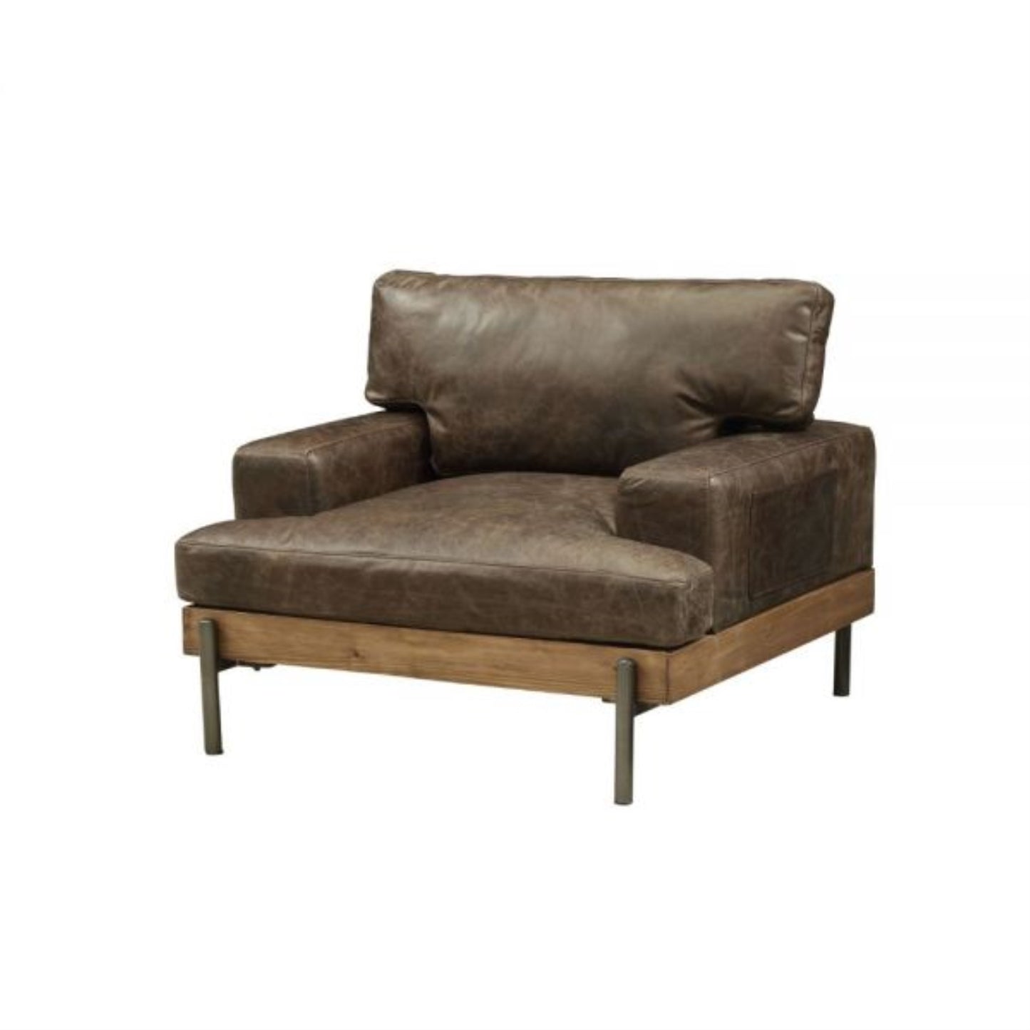 CasaFoyer KD Leg, Tight Back & Loose Seat Cushion Oak Finish Chair with Metal Spindle Legs - Vintage Pattern Top Grain Leather - No Pillows Included