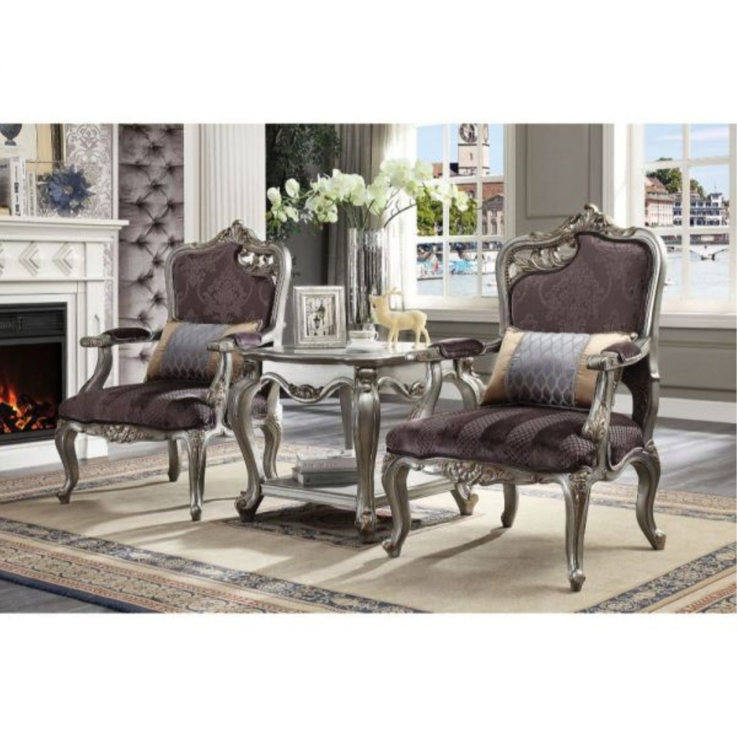 CasaFoyer Antique Platinum Armchair with Scrolled Leaf Motif, Floral Upholstery, and Removable Pillow - Customer Favorite!