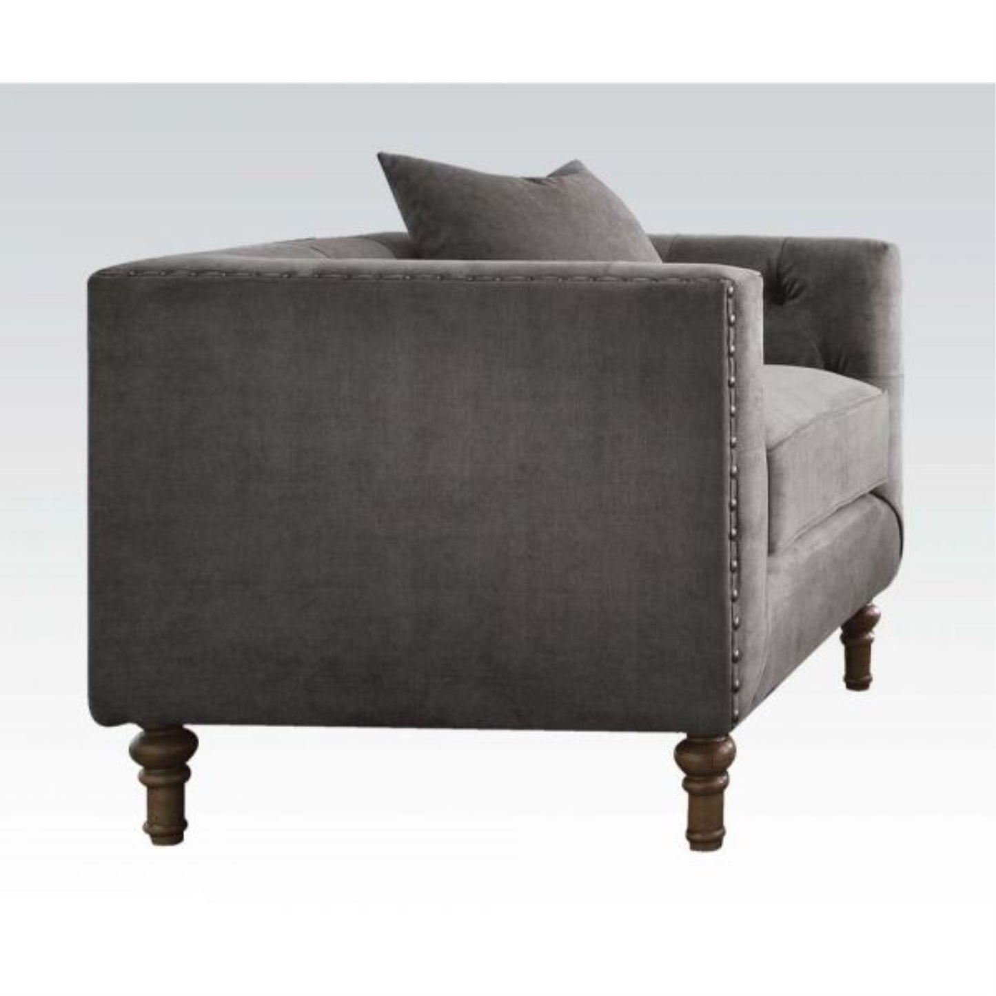 CasaFoyer Gray Velvet Button Tufted Chair with Nailhead Trim, Down Feather Fill, and Antique Finish Legs - Includes 1 Square Pillow