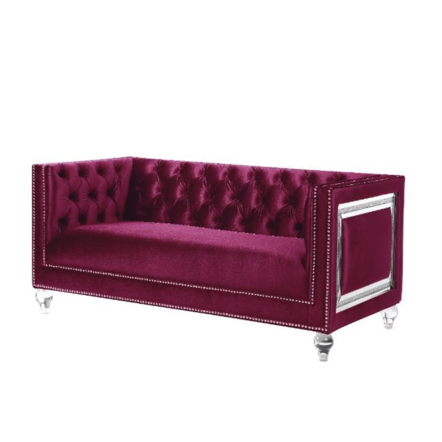 CasaFoyer "Heibero Collection: Glamorous Burgundy Velvet Sofa with Mirrored Trim Accents - Stylish & Comfortable Loveseat with 2 Pillows"