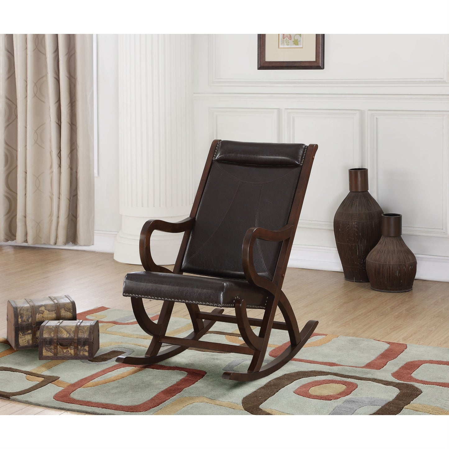 CasaFoyer Acme Furniture 59535 Triton Rocking Chair - Espresso PU & Walnut | Stylish & Comfortable | Nailhead Trim | Full Foam Seat | Durable Wood Construction | Triton Collection | 36"x22"x38" Dimensions