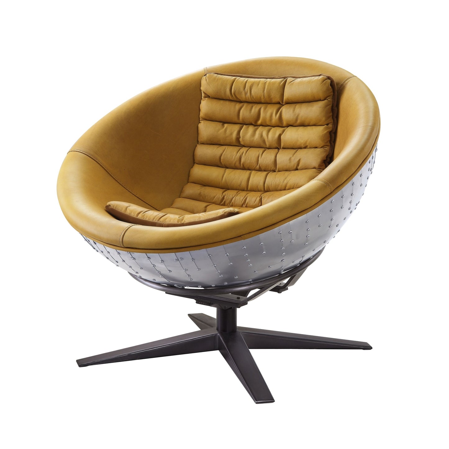 CasaFoyer Retro-Futuristic Accent Chair: Brancaster Turmeric Leather & Aluminum, 4-Star Base