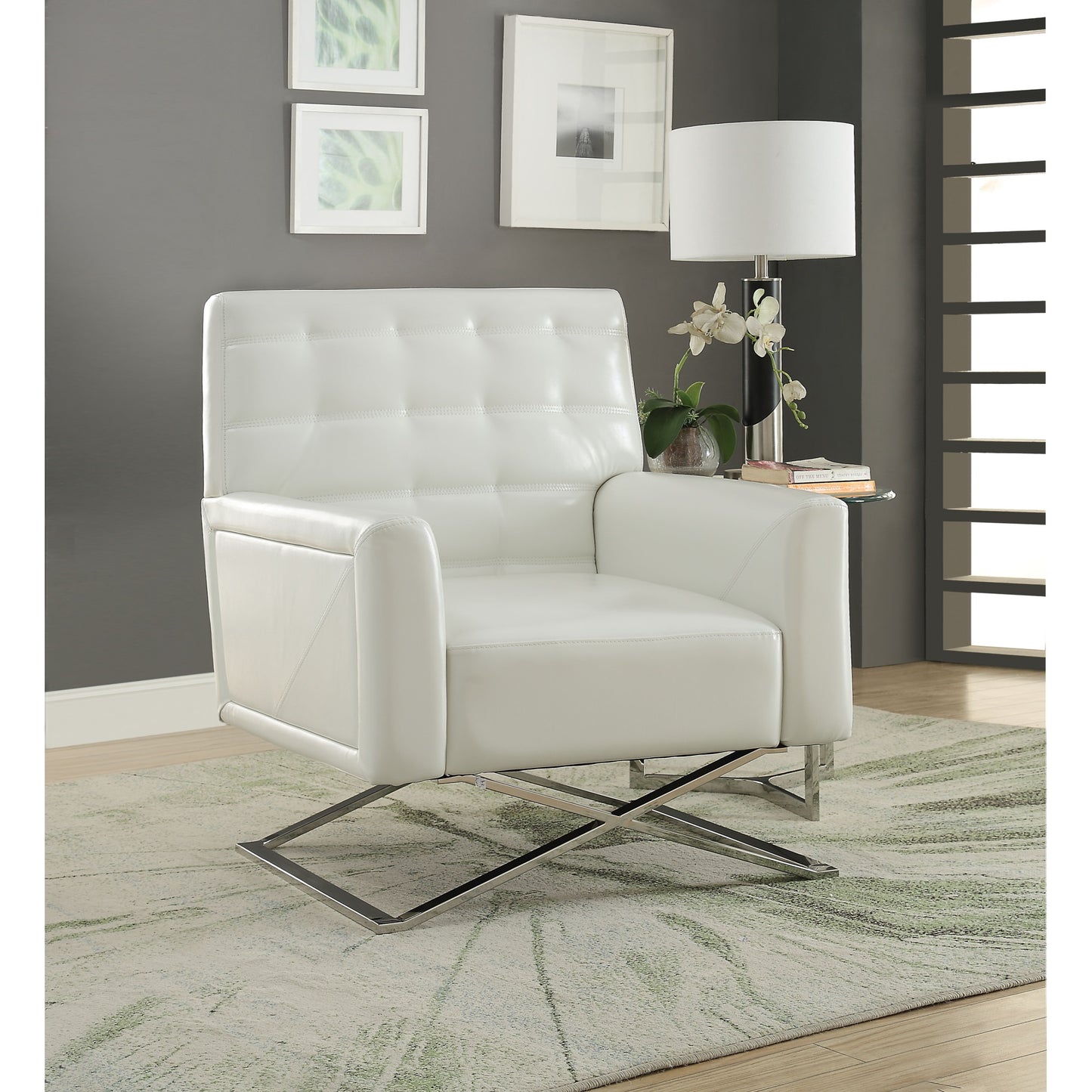 CasaFoyer Rafael Accent Chair - White PU & Stainless Steel Finish | High Backrest, Padded Cushions, Modern Design | 33.8582" L x 27.559" W x 39.37" H