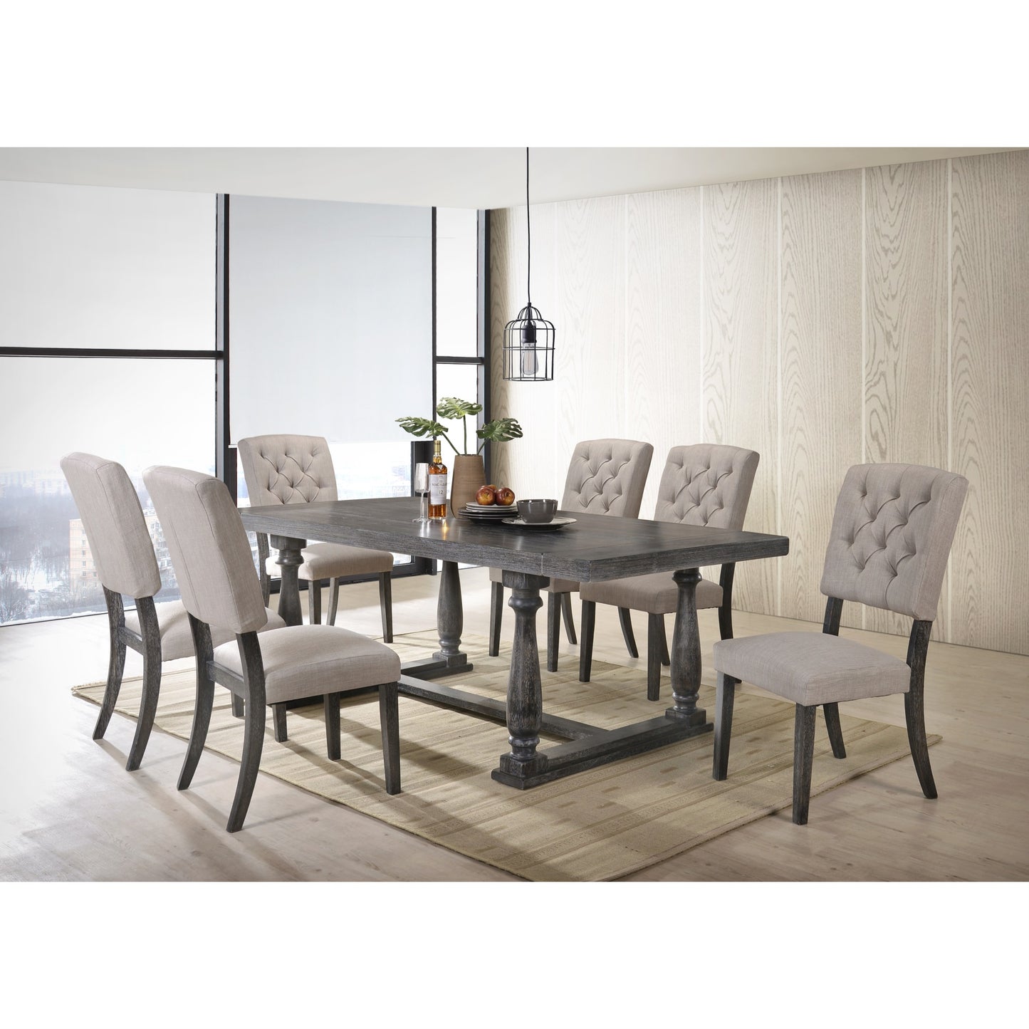 CasaFoyer Bernard Rustic Dining Set | Weathered Gray Oak | Trestle Base | Upholstered Chairs | Trendy & Stylish | Enhance Your Dining Area