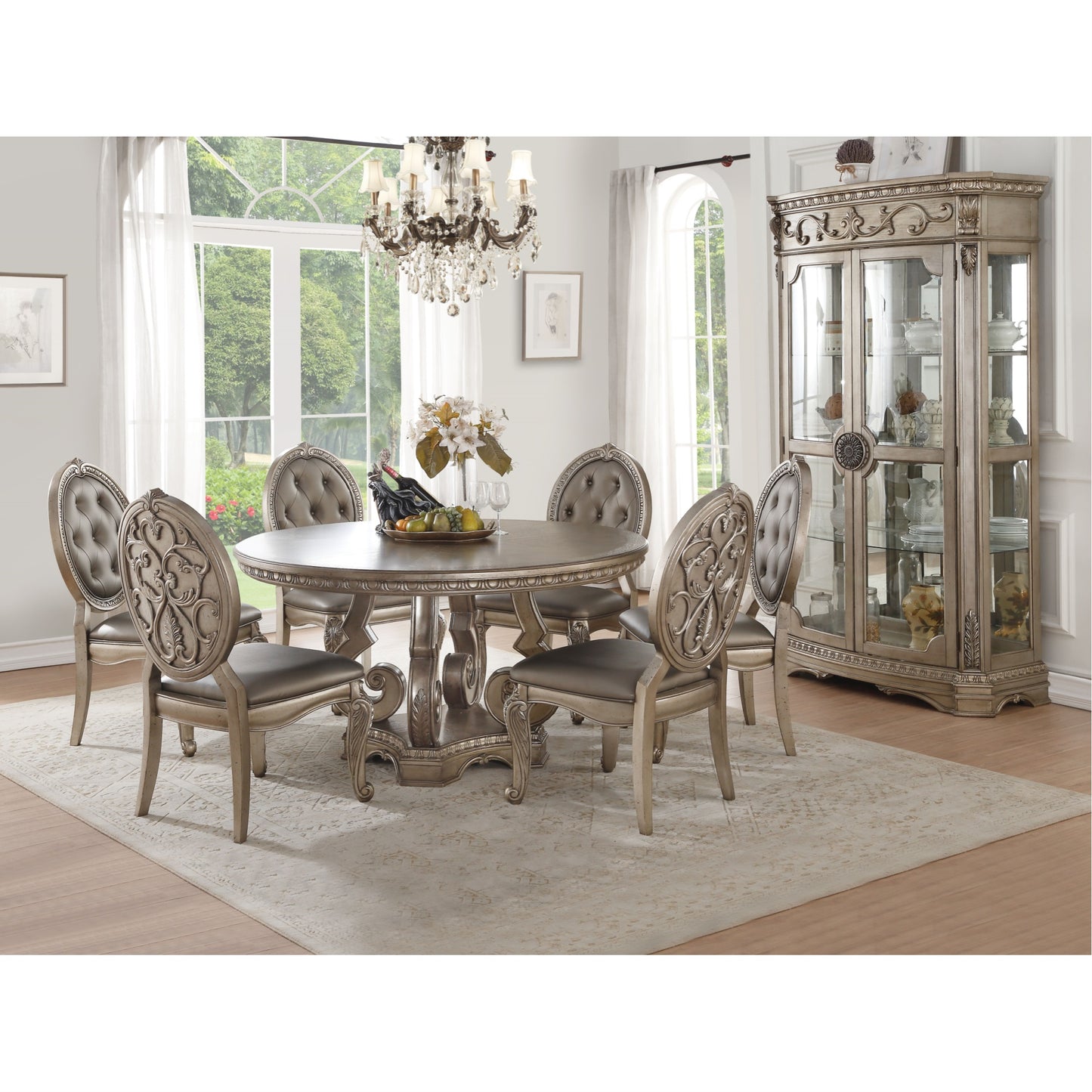 CasaFoyer Northville Dining Table in Antique Champagne - Intricate Details, Round Wooden Top, No Storage or Extension Leaves, PU Padded Chairs, Antique Champagne Finish, 59.99" L x 59.99" W x 29.99" H