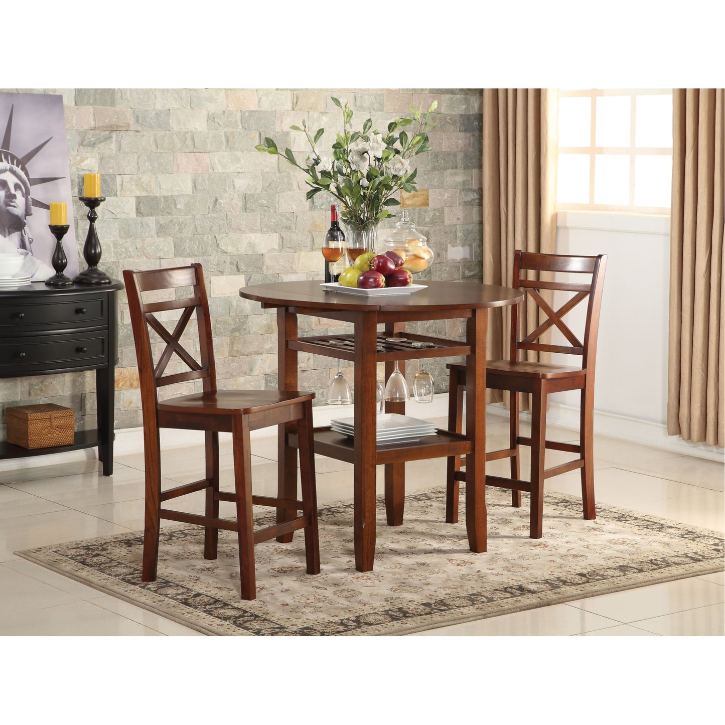 CasaFoyer Tartys Counter Height Table Cherry - 40x40x36, Wood Veneer, Storage Base, Stemware Storage Rack, Drop Leaves, Acme Furniture