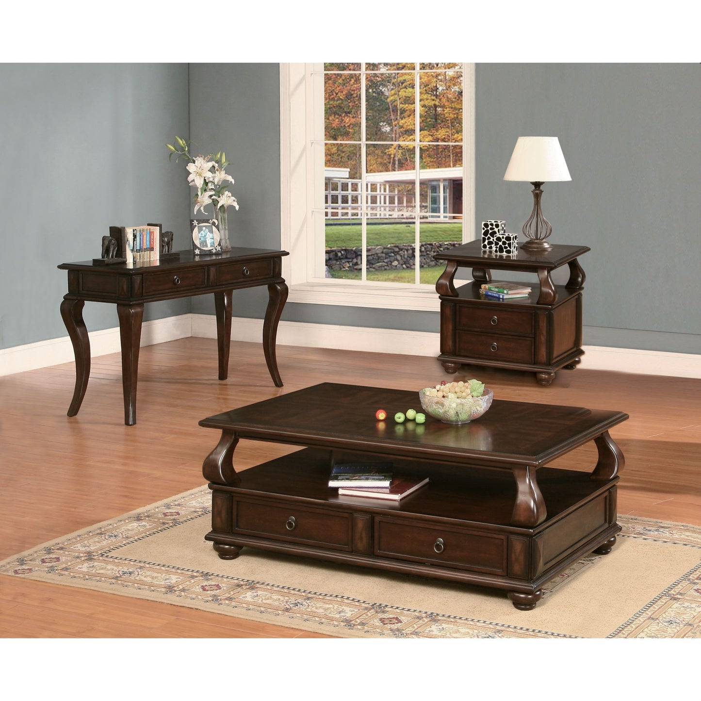 CasaFoyer Amado Coffee Table - Walnut Finish, 50x32x19.5 inches, Wood Veneer, 4 Drawers, Open Shelf, Felt-lined, Round Bun Legs, Acme Furniture