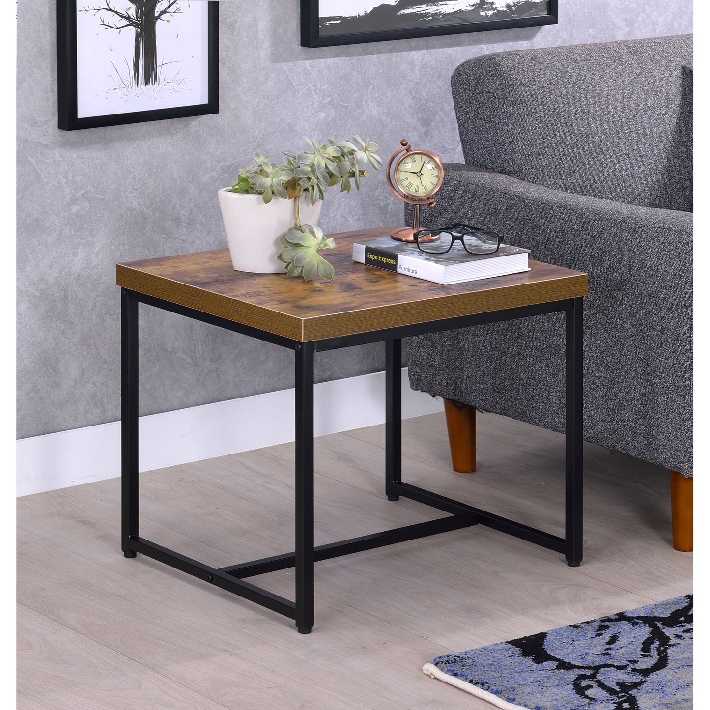 CasaFoyer Bob End Table - Weathered Oak & Black | Sturdy Construction | Rectangular Wooden Top | Metal Sled Base | 22" x 19" x 36mm Thick | Acme Furniture