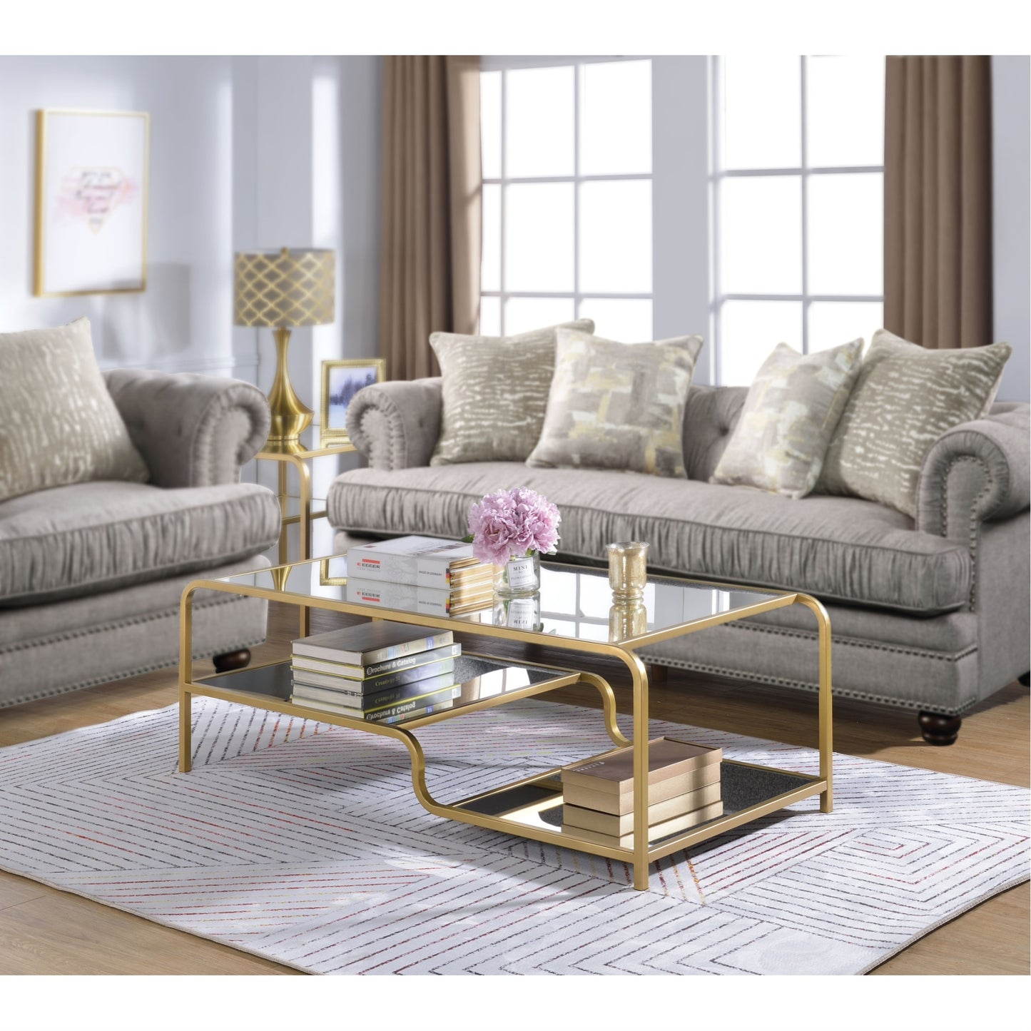 CasaFoyer Astrid Gold & Mirror Coffee Table | Elegant & Functional | Open Compartments & Mirrored Shelves | 52"x24"x18" | Metal Frame | Acme Furniture