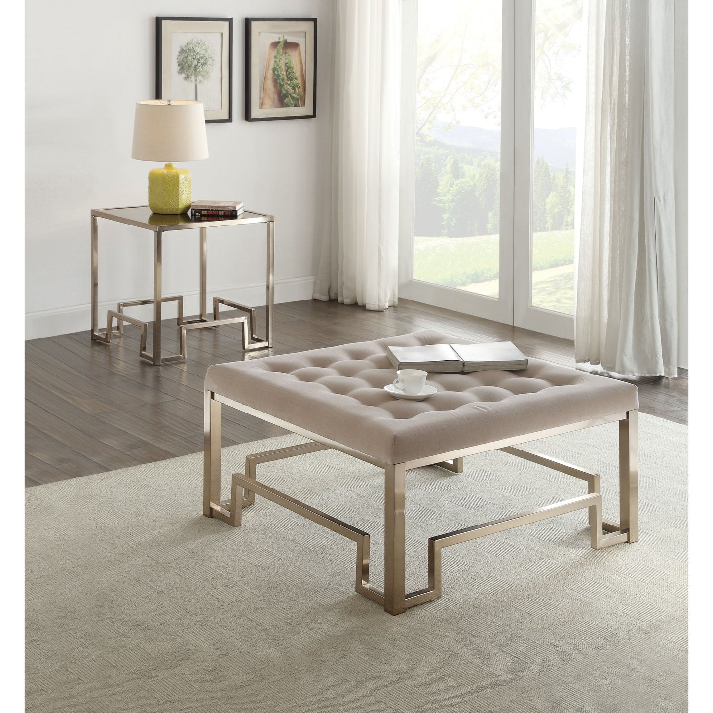 CasaFoyer Damien - Cocktail Ottoman Fabric & Champagne, 36x36x18 inches, Metal & Upholstery Engineered Wood, Geometric Metal Base, Padded Seat Cushion