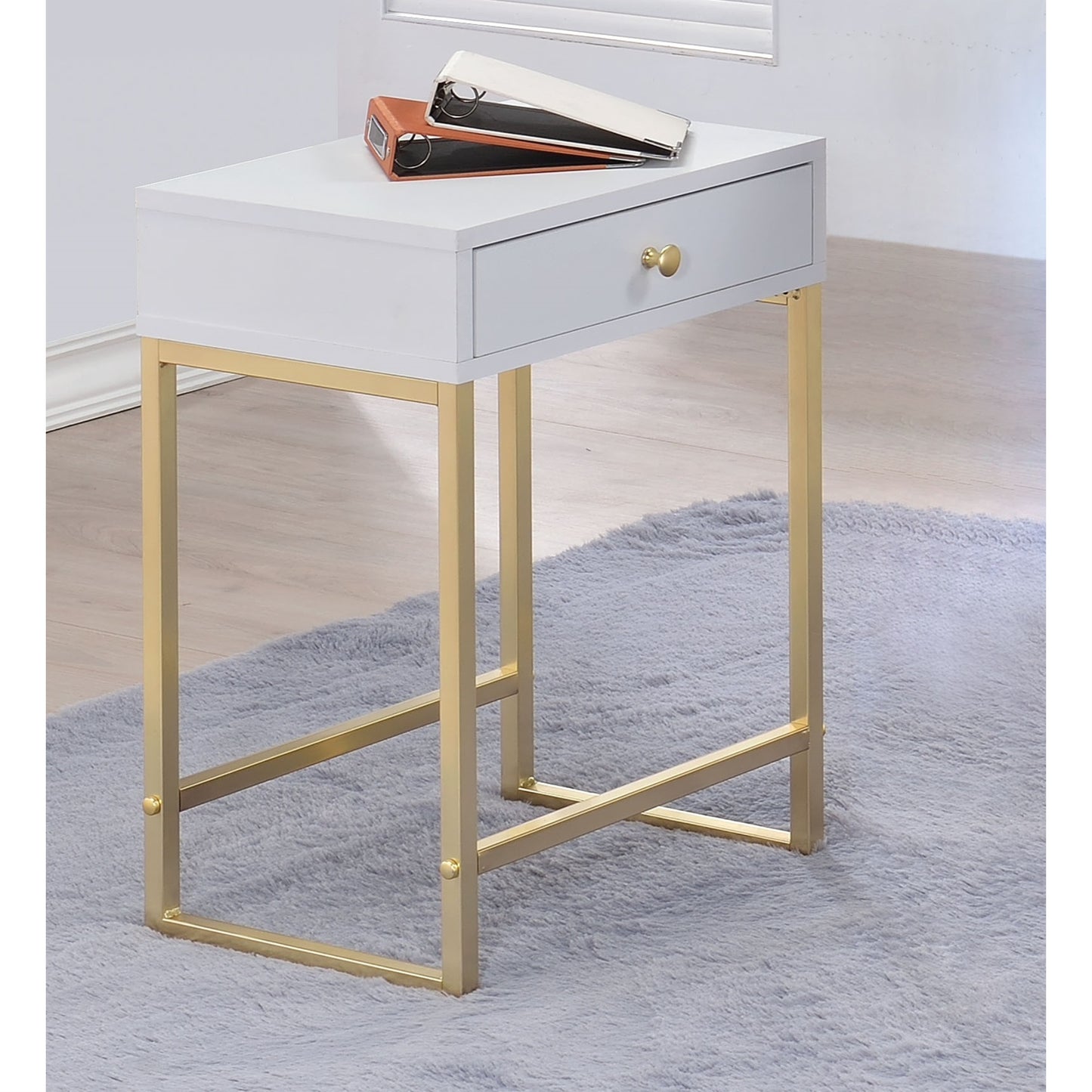 CasaFoyer Koren Side Table White & Brass - Rectangular Shape, Metal Base, 2 Drawers, KD Design, Smooth Drawer Glides, 15.75" x 12" x 22"