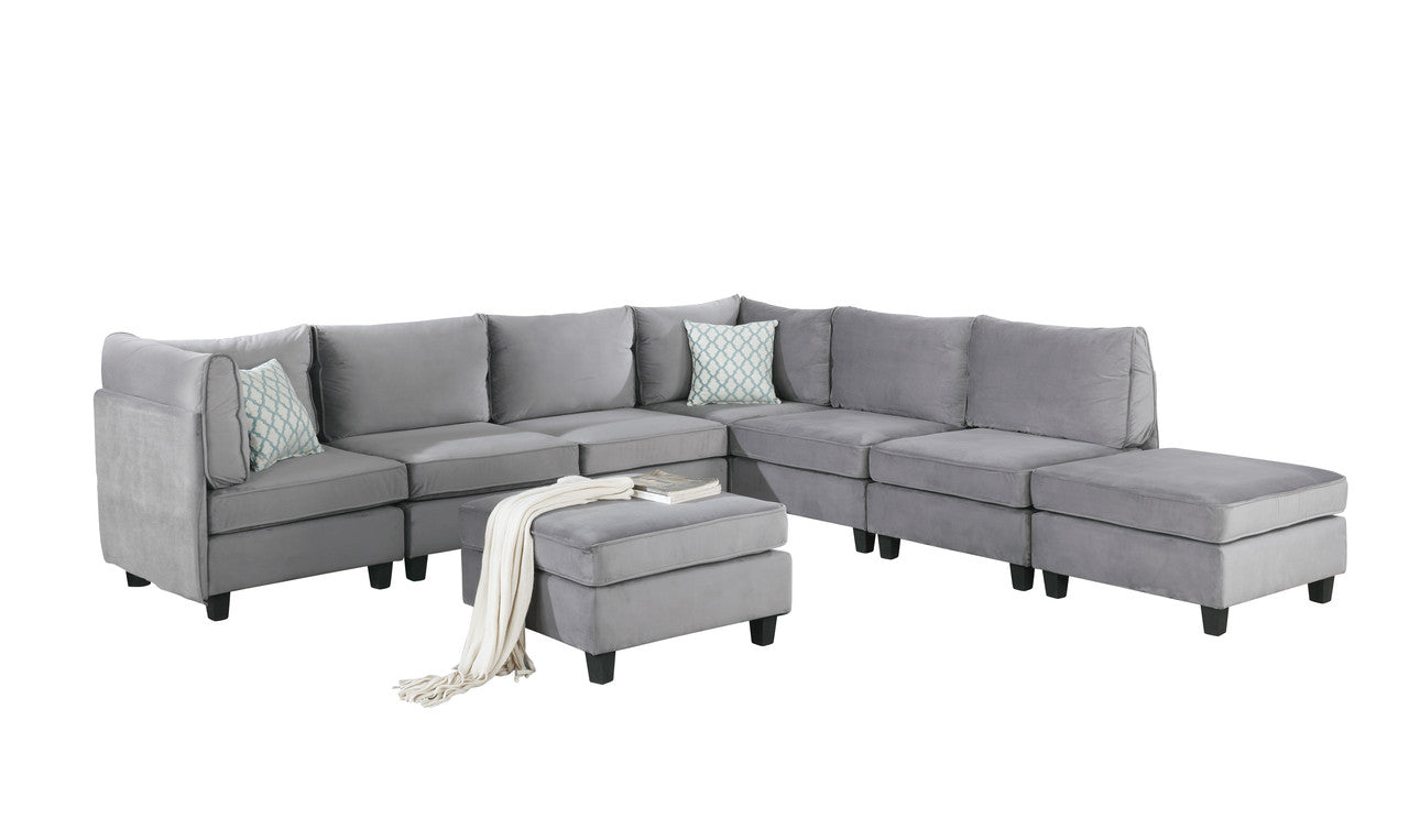 CasaFoyer Zelmira Collection Gray Velvet 8-Piece Modular Sectional Chaise with Ottoman - Comfortable, Stylish, and High-Quality Furniture for Your Living Room