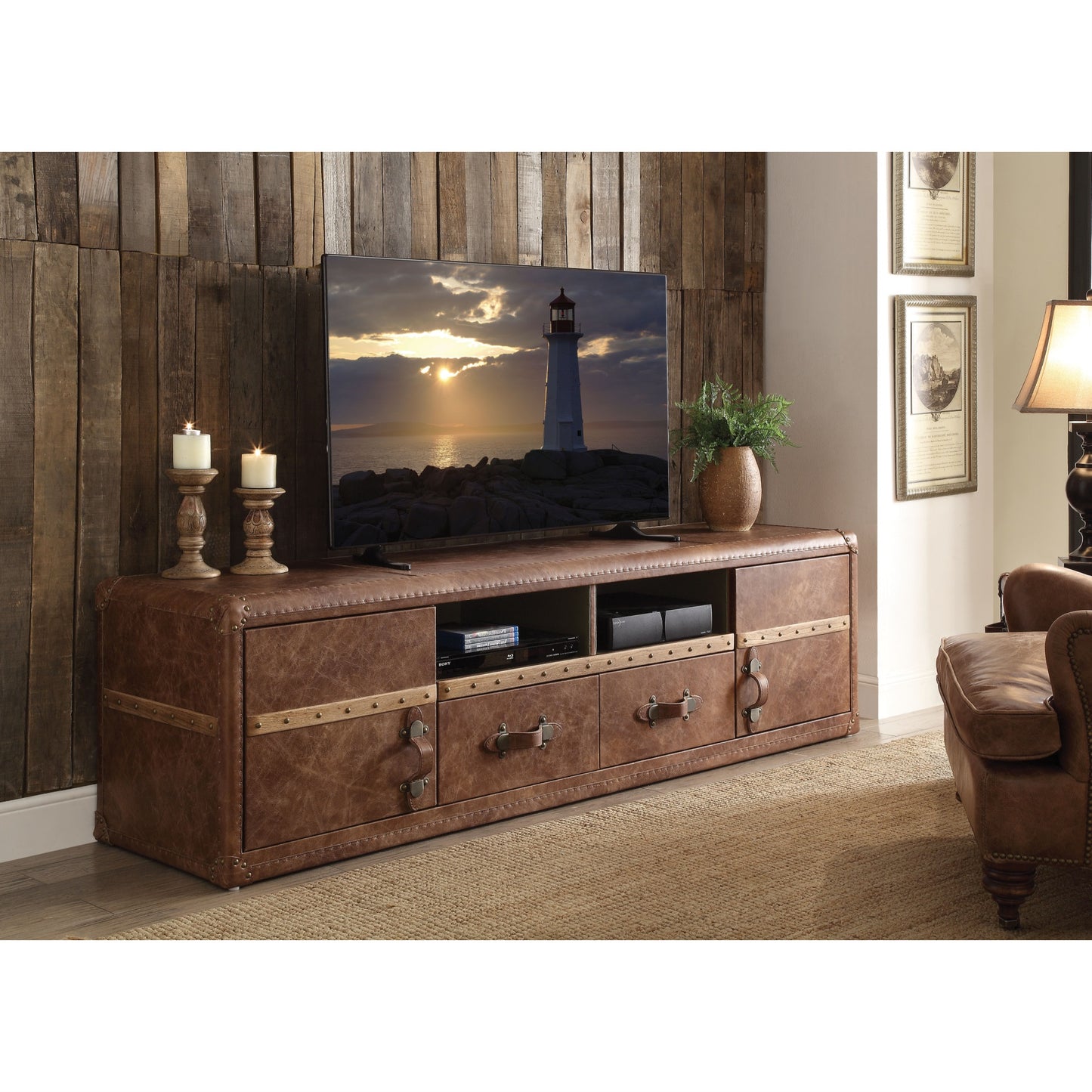 CasaFoyer Aberdeen Retro Brown TGL TV Stand - 70" Flat Panel, Trunk Design, 2 Doors, 2 Drawers, 2 Open Compartments, Fully Assembled
