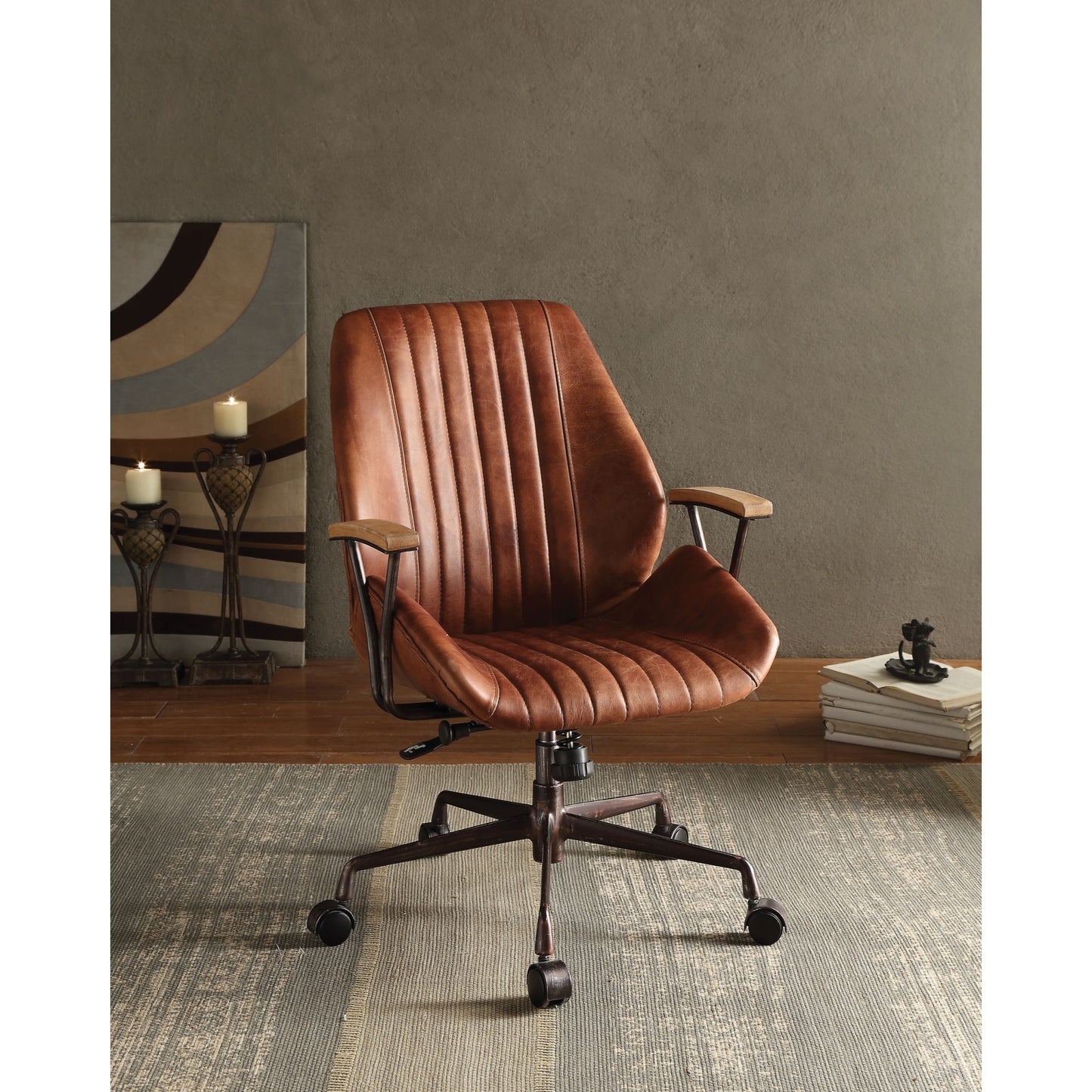 CasaFoyer Hamilton Office Chair in Cocoa TGL - Swivel, Adjustable Height, Top Grain Leather Upholstery, 5-Star Metal Base, Wooden Armrests, Sleek & Sophisticated Design - 24.4"x28.3"x37-40" - KD Format