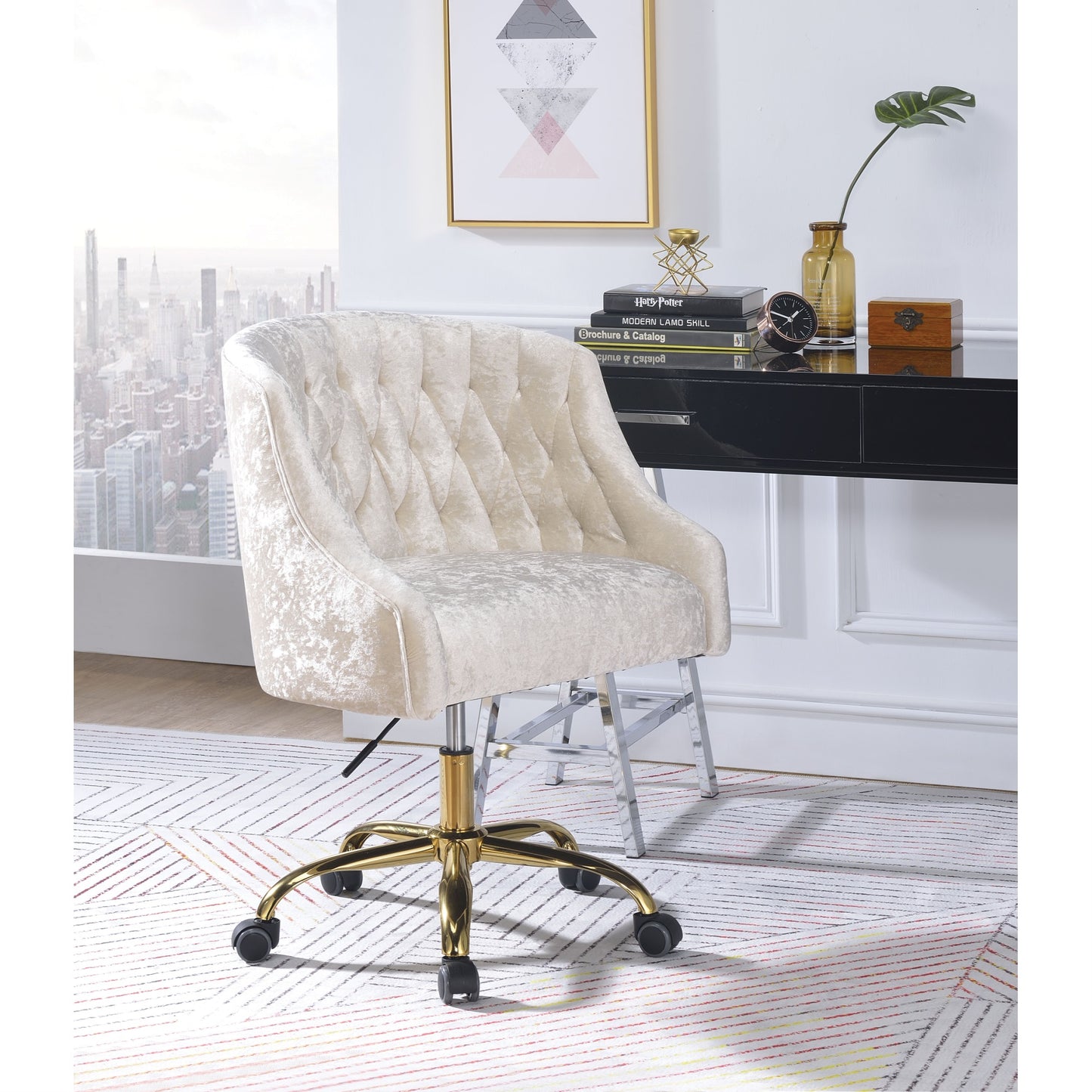 CasaFoyer Acme Furniture 92517 Levian Vintage Cream Velvet and Gold Office Chair - Swivel Seat, Adjustable Height, Padded Back and Seat, 5-Star Metal Base with Casters