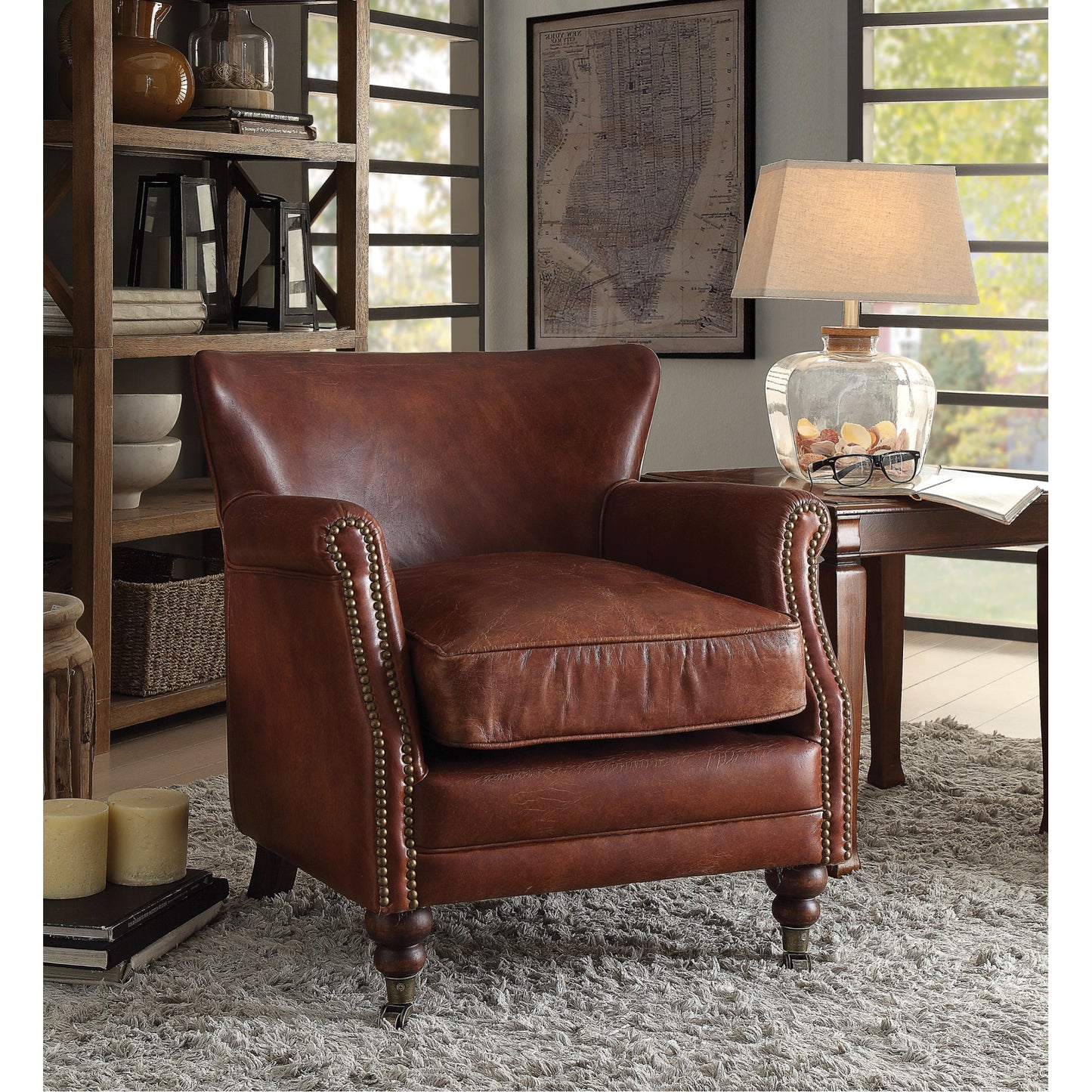 CasaFoyer Leeds Accent Chair Vintage Dark Brown TGL - High-Quality Upholstery, Casters, Wood Legs - 23.6" x 29.1" x 27.6" - Fully Assembled - Acme Furniture