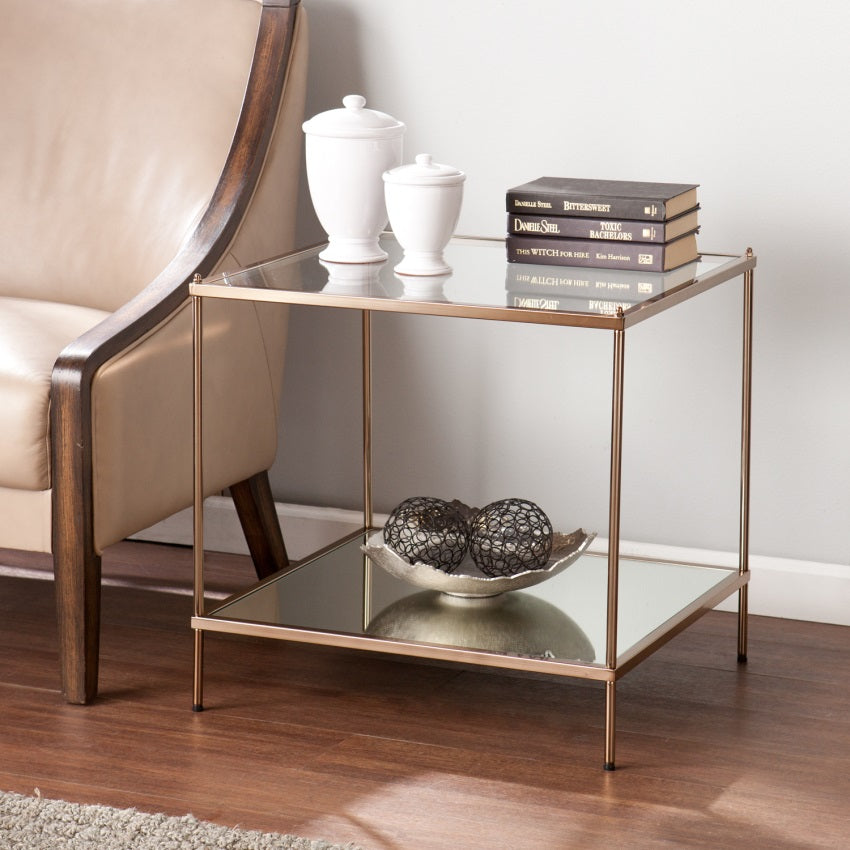 CasaFoyer Walk of Fame End Table - Blushing Gold Design with Mirrored Shelf & Glass Tabletop