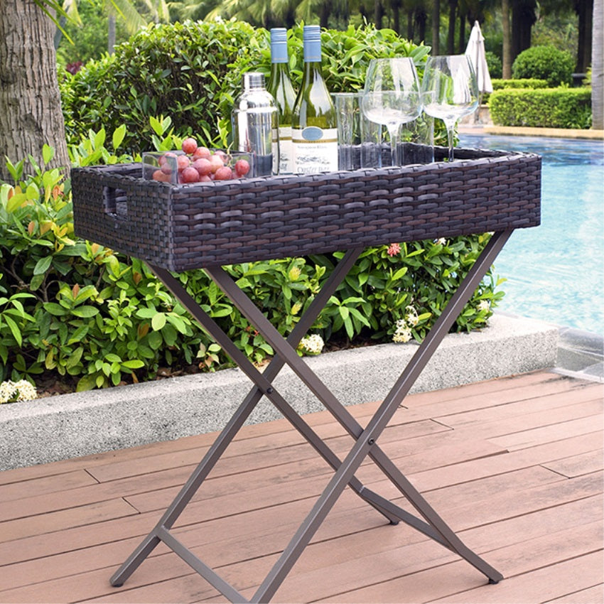 CasaFoyer Steel Wicker Butler Tray - Versatile Side Table & Mini Bar - Resilient Resin Wicker - Durable for Parties & Years of Use