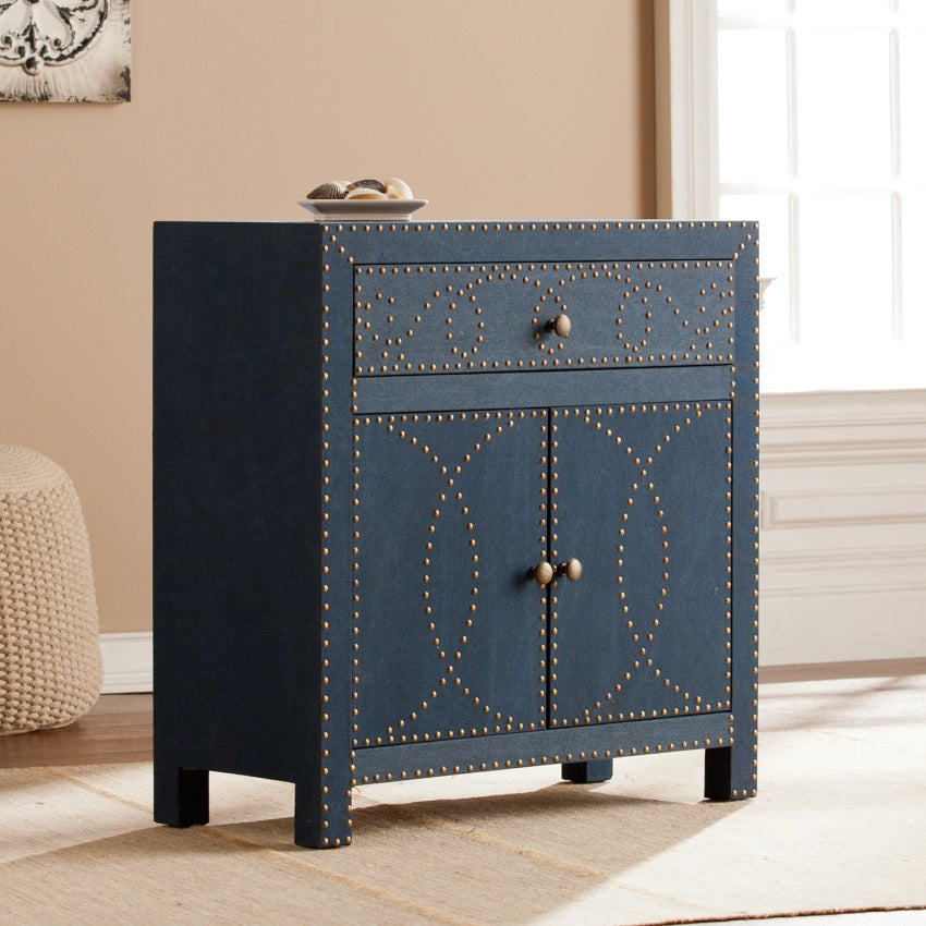 CasaFoyer Coastal Charm Double-Door Cabinet - Navy Linen with Nailhead Trim & Brass Studs | Versatile Storage & Display for Home Dcor & Entertaining Accessories