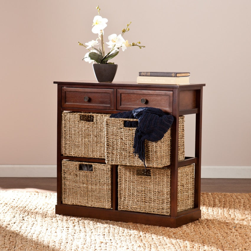 CasaFoyer Seaside-inspired Storage Chest with 4 Baskets & Drawers - Coastal Charm, Mahogany Finish - Perfect for Blankets, Entryway, Linens, Clothing, Crafts