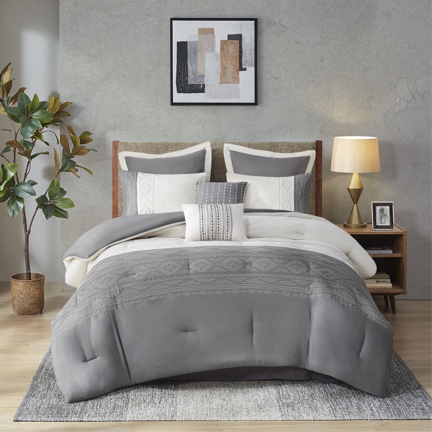 CasaFoyer 8 Piece Embroidered Comforter Set - Elegant Design, Grey and Oatmeal, Includes Shams and Decorative Pillows - Cal King