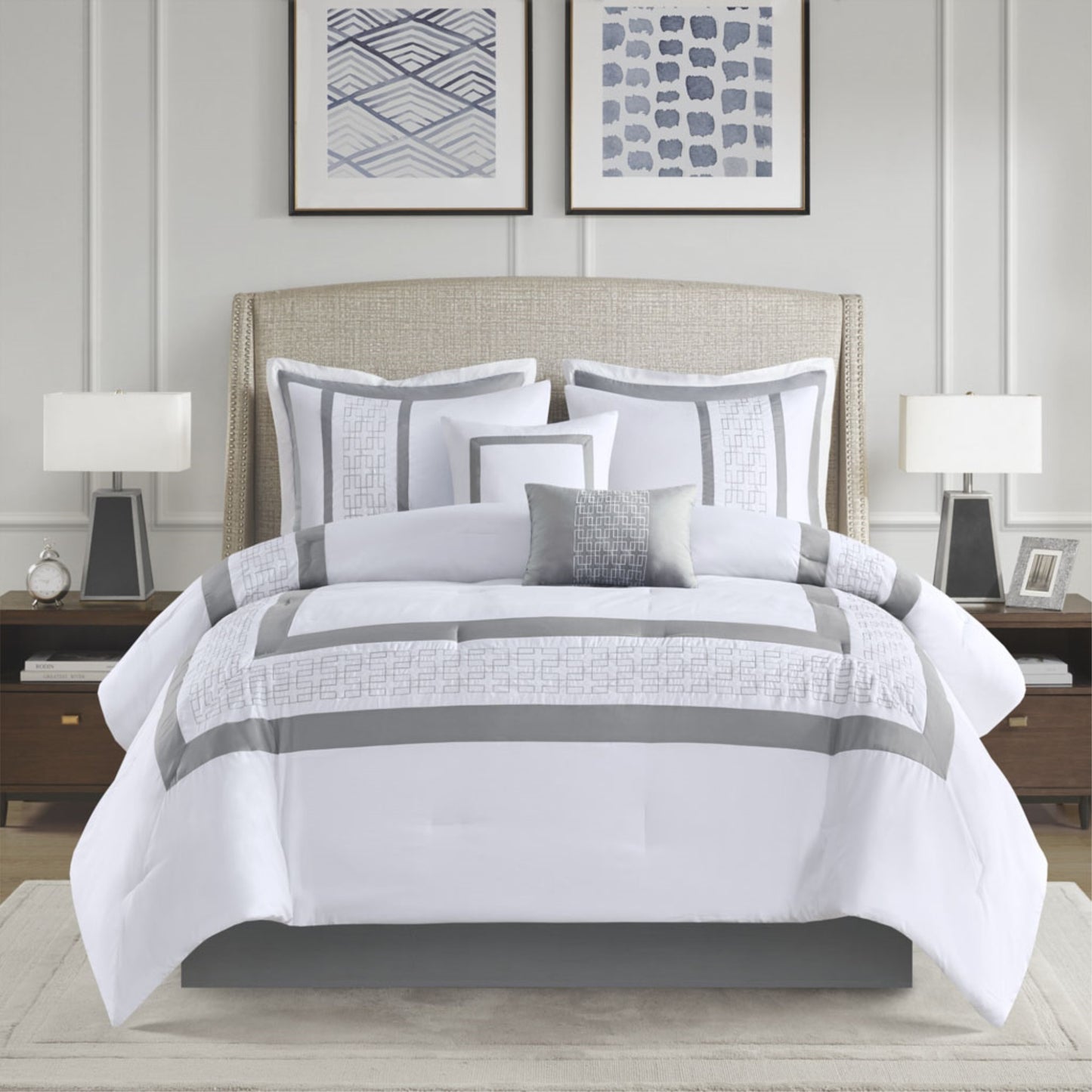 CasaFoyer 8 Piece Embroidered Comforter Set - Queen Size, Hotel Style, White with Embroidered Border, Hypoallergenic, Machine Washable