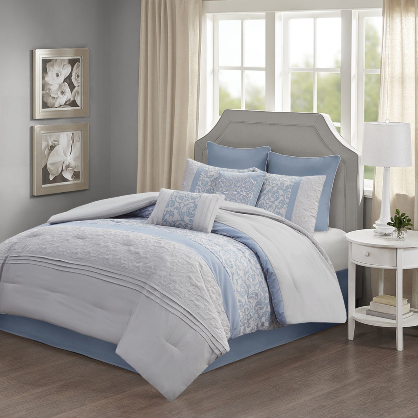 CasaFoyer Embroidered 8 Piece Comforter Set - Blue/Grey - Queen Size - Transitional Design - Quilting & Pintuck Details - Ultra-Soft Microfiber - Machine Washable - Includes Decorative Pillows & Bed Skirt