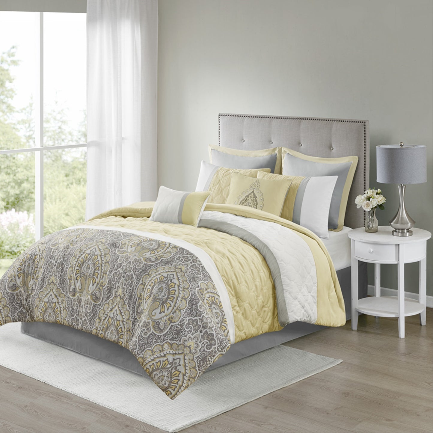 CasaFoyer 8 Piece Comforter Set - Diamond Quilted Design - Yellow, Grey, Taupe - Includes Shams, Euro Shams, Decorative Pillows - Hypoallergenic - Machine Washable - Cal King Size