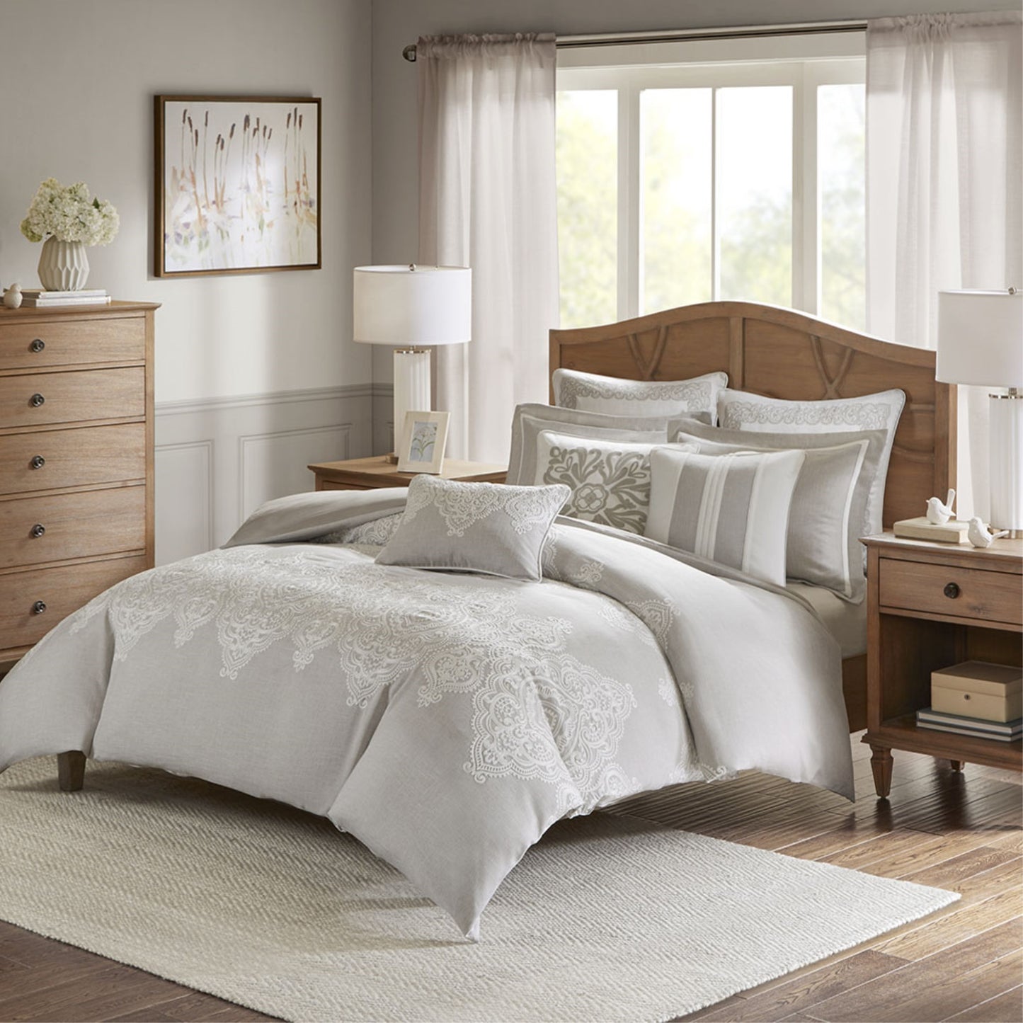 CasaFoyer 9 Piece Comforter Set - Oversized & Overfilled - Elegant White Chain Stitch Embroidery - Grey & Beige Natural Palette - Includes Shams & Decorative Pillows - Removable Duvet-Style Insert - Dry Clean Only