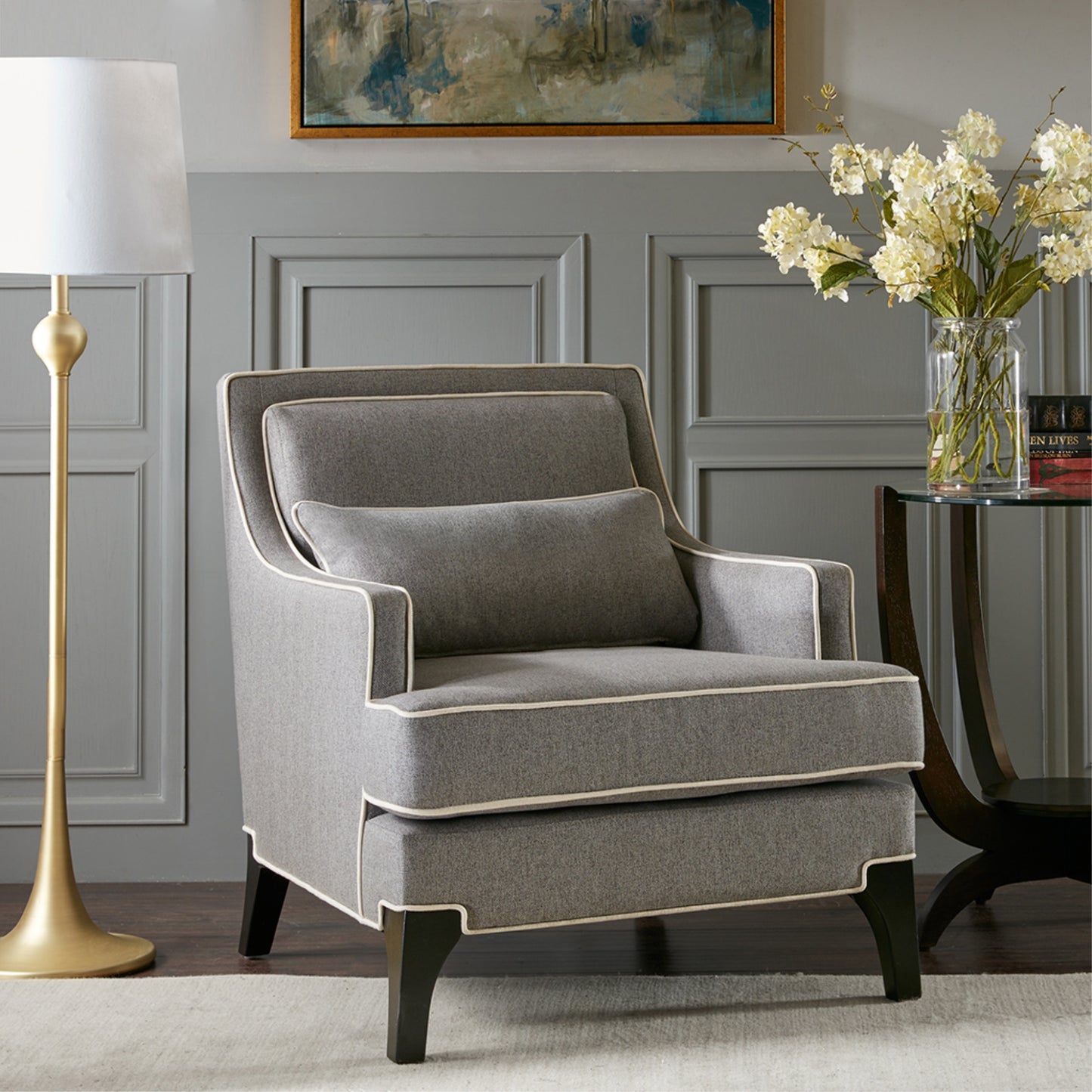 CasaFoyer Refined Comfort Grey Upholstered Chair with Ivory Welting - Modern Design, Easy Leg Assembly - Versatile and Stylish Addition for Living Room, Bedroom, or Office - Luxurious Seating Experience