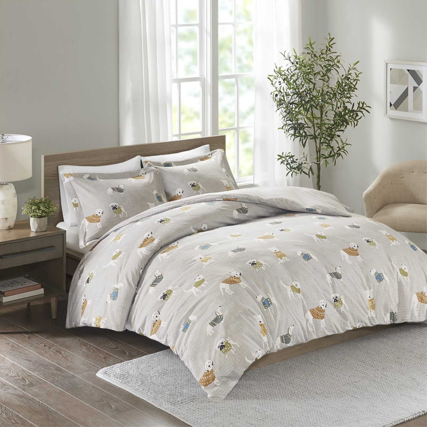CasaFoyer Cozy Dog Print Duvet Cover Set - 100% Cotton Flannel, Machine Washable, Button Closures, OEKO-TEX Certified - Grey, Full/Queen Size