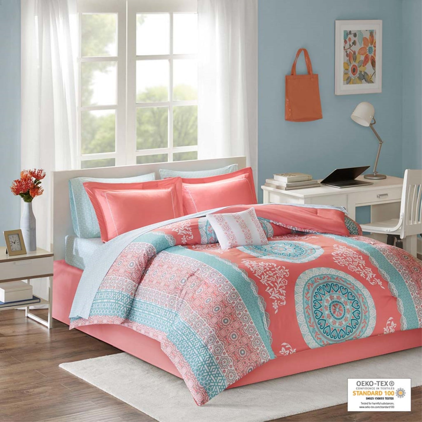 CasaFoyer Boho Comforter Set with Bed Sheets - Vibrant Coral and Aqua Medallion Print - Includes Shams, Decorative Pillow, and Bed Skirt - OEKO-TEX Certified for Quality and Wellness - Brighten Your Bedroom with a Casual and Stylish Update