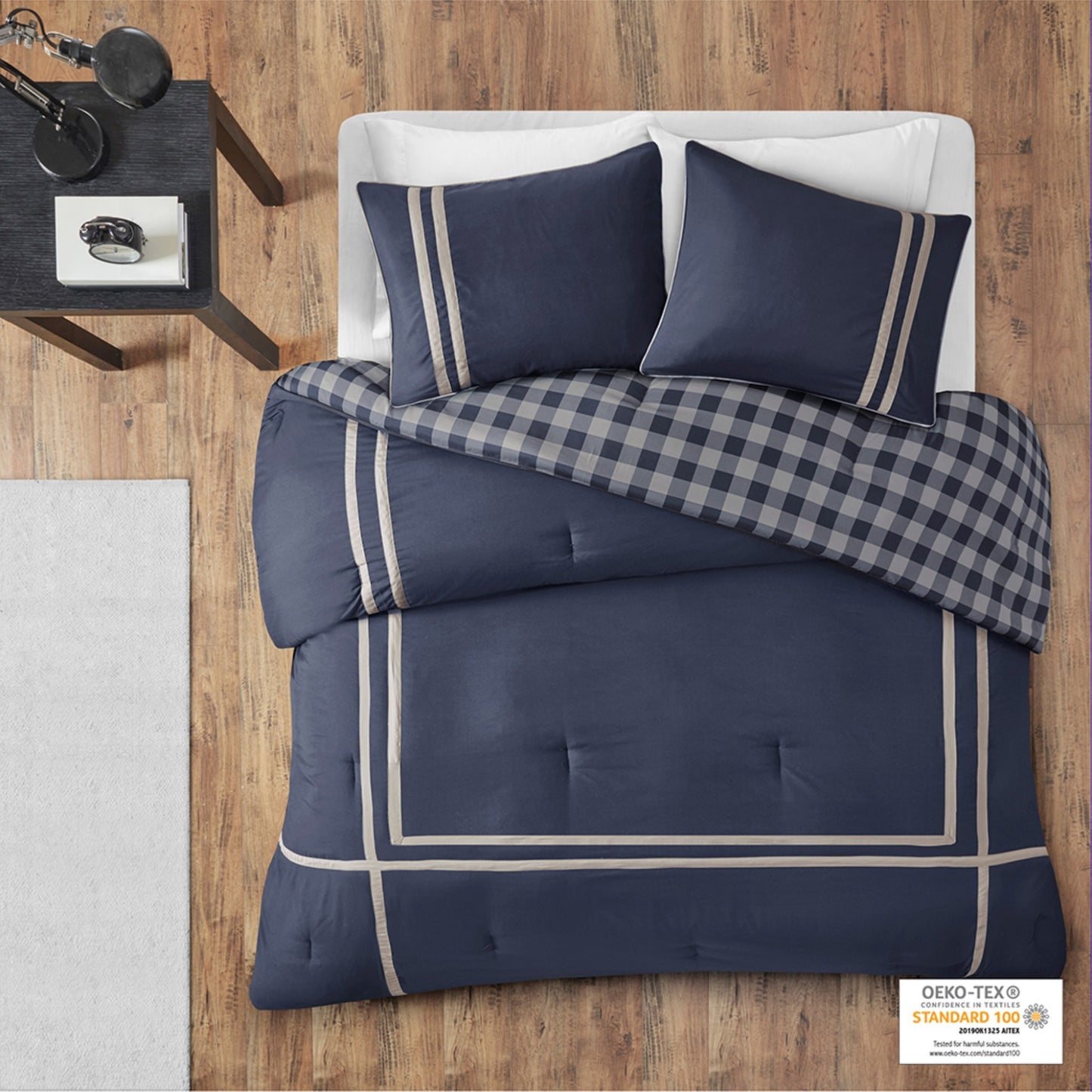 CasaFoyer Reversible Comforter Set - Navy with Grey Taping Details | Buffalo Check Pattern | Ultra-Soft Microfiber | OEKO-TEX Certified | Antimicrobial Treatment | Chic and Casual Aesthetic