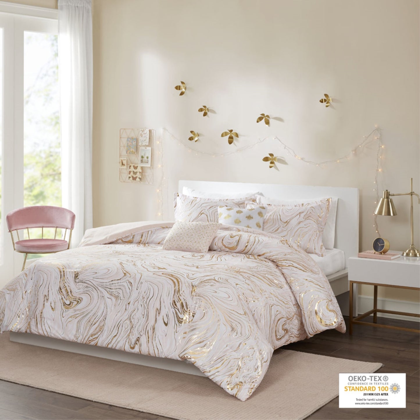 CasaFoyer Metallic Printed Comforter Set - Luxurious Brushed Microfiber Bedding with Swirl Marble Print in Blush, White, and Gold - OEKO-TEX Certified and Antimicrobial - Includes Matching Shams and Decorative Pillows