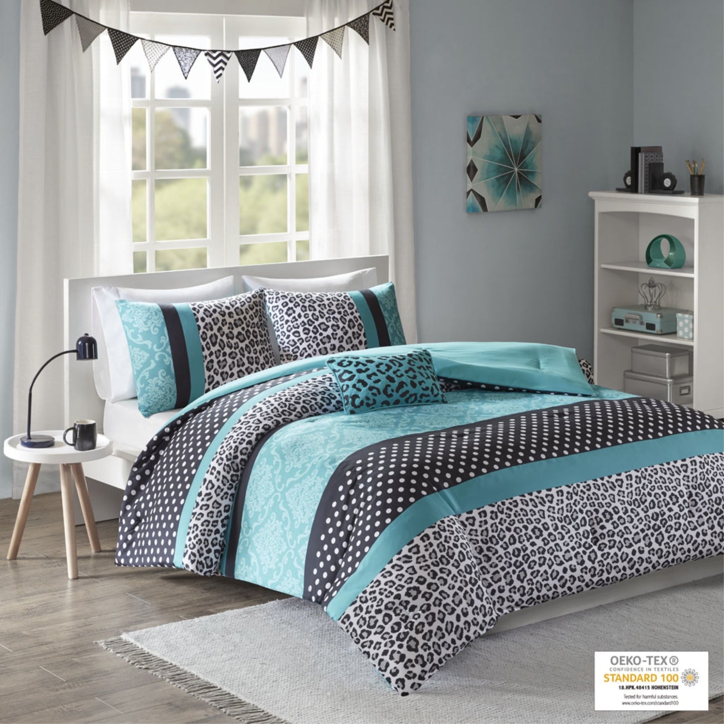 CasaFoyer Comforter Set - Fierce Fashion with Polka Dots, Damask Motif, and Leopard Print - Black, White, and Teal - Machine Washable - OEKO-TEX Certified - Antimicrobial Treatment - Includes Matching Shams and Decorative Pillow