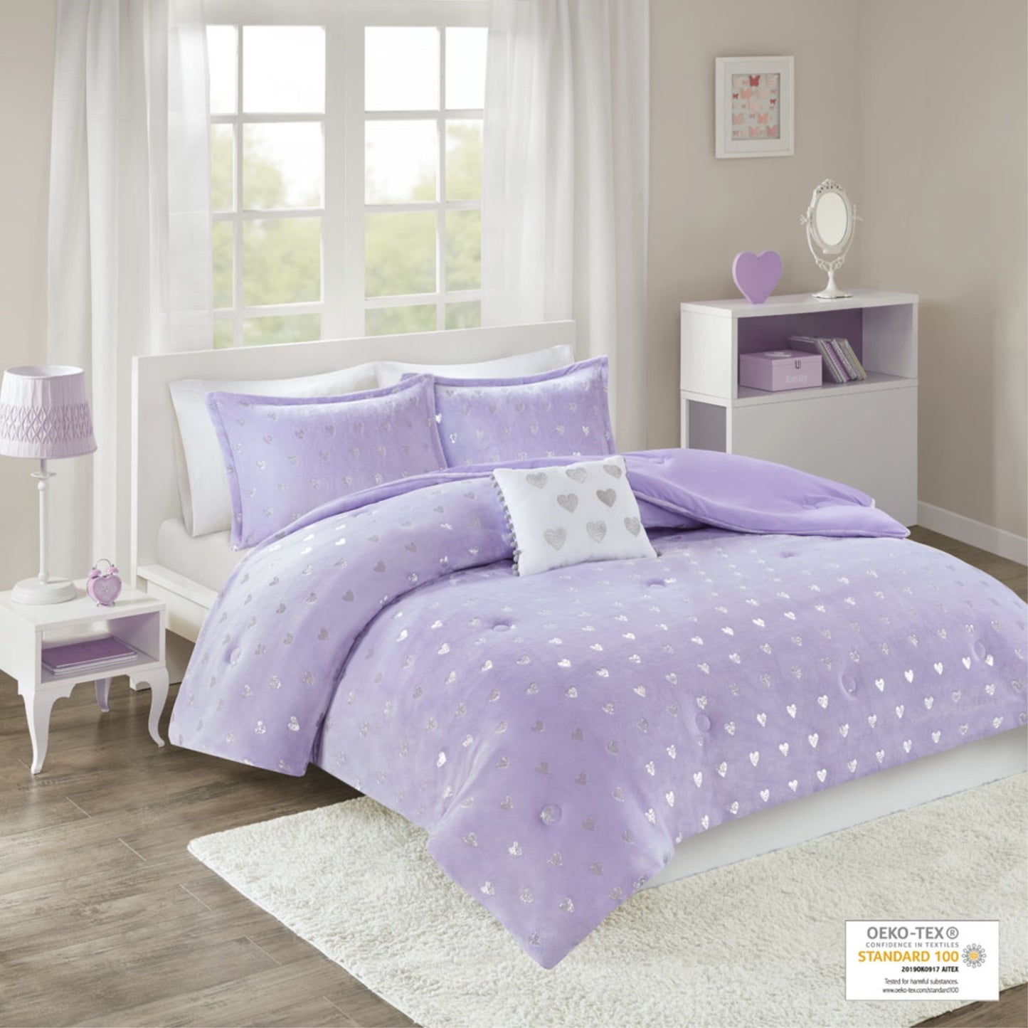 CasaFoyer Metallic Printed Plush Comforter Set - Vibrant Purple with Silver Metallic Heart Print - OEKO-TEX Certified - Includes Shams and Decorative Pillow - Cozy and Stylish Bedroom Decor