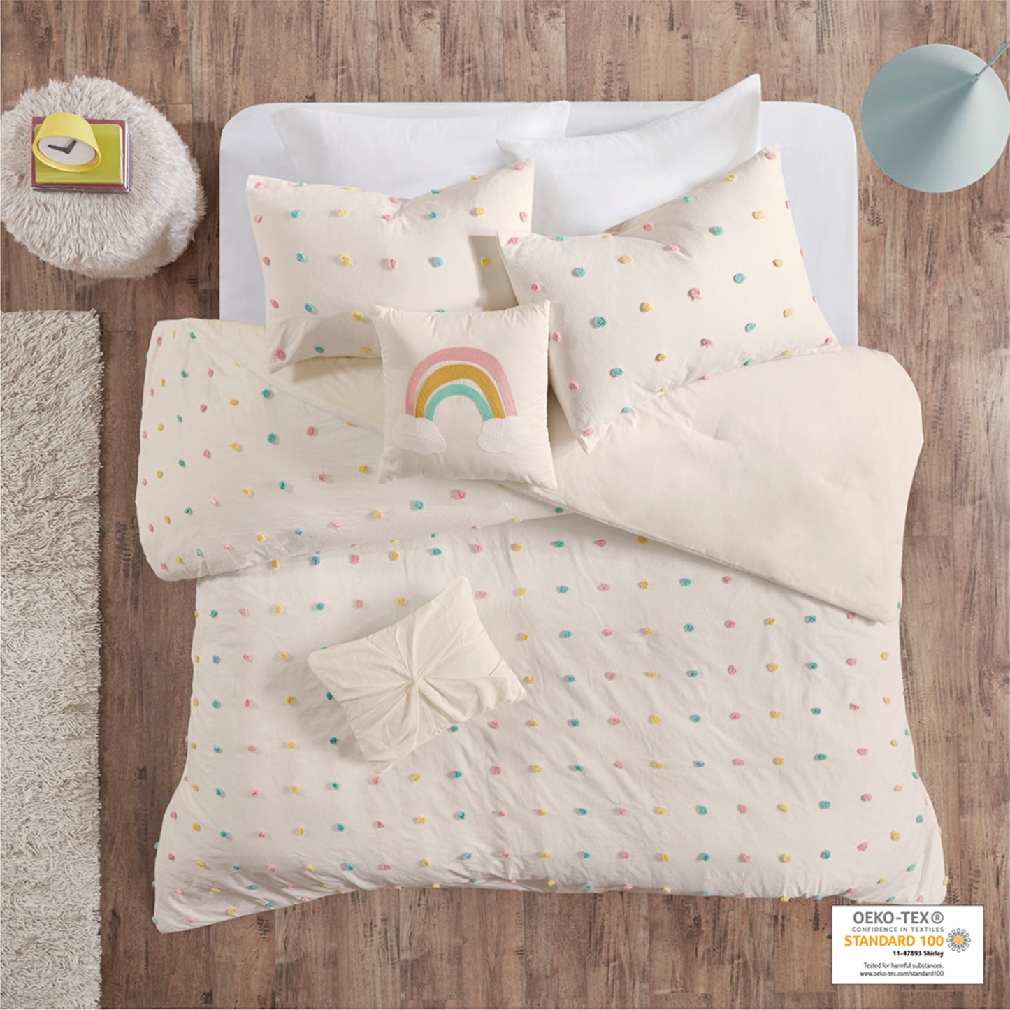 CasaFoyer Cotton Jacquard Pom Pom Comforter Set - Charming and Inviting Kid's Bedding Ensemble with Matching Shams and Decorative Pillows - Machine Washable and OEKO-TEX Certified - Antimicrobial Treatment for Freshness Protection